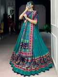 Incredible Teal Green Printed Tussar Silk Traditional Lehenga Choli