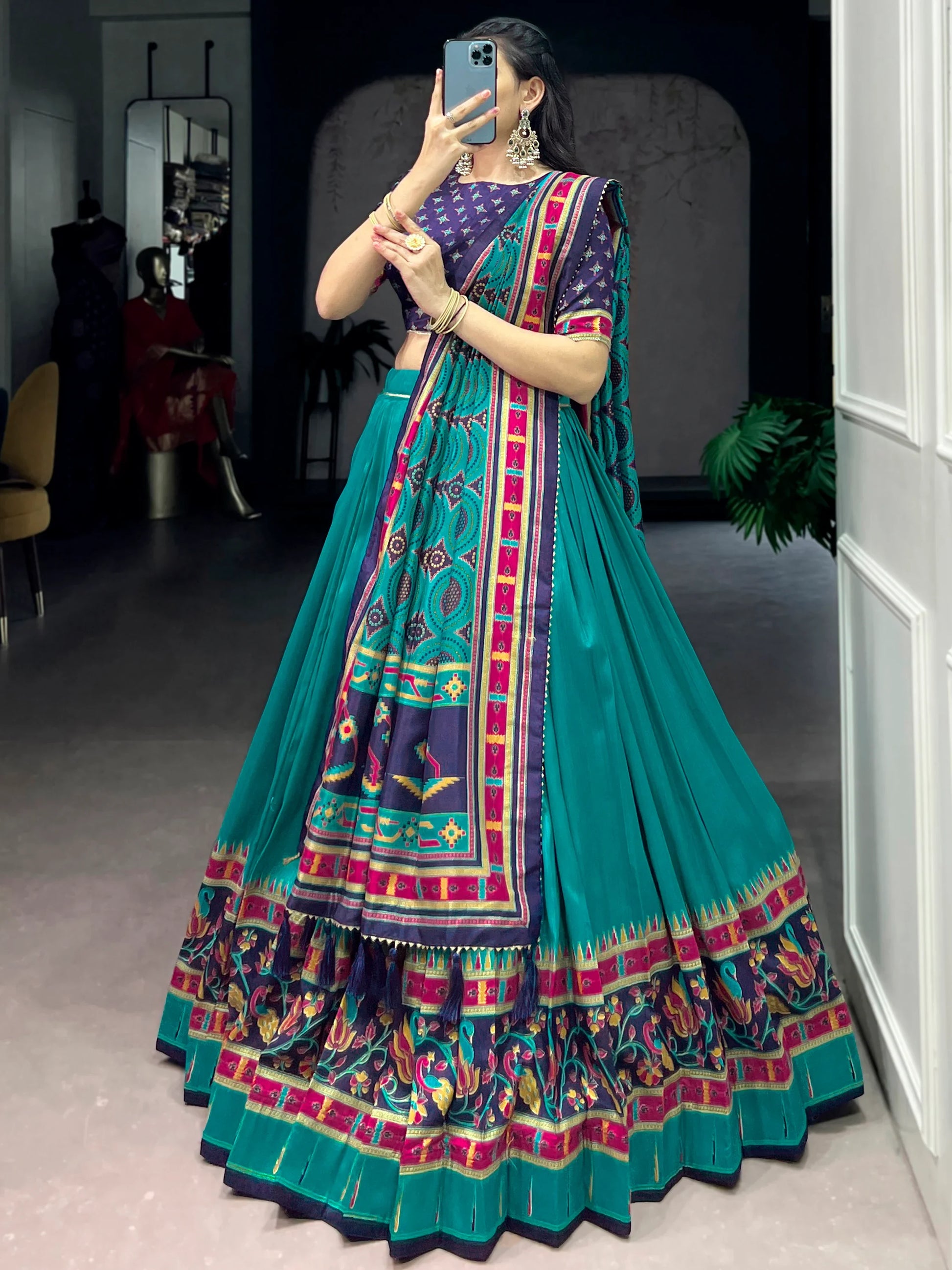 Incredible Teal Green Printed Tussar Silk Traditional Lehenga Choli