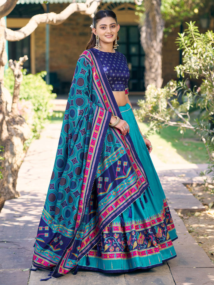 Awesome Teal Blue Digital Printed Silk Event Wear Lehenga Choli