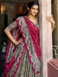 Attractive Olive Green Foil-Printed Silk  Festival Wear Lehenga Choli With Dupatta
