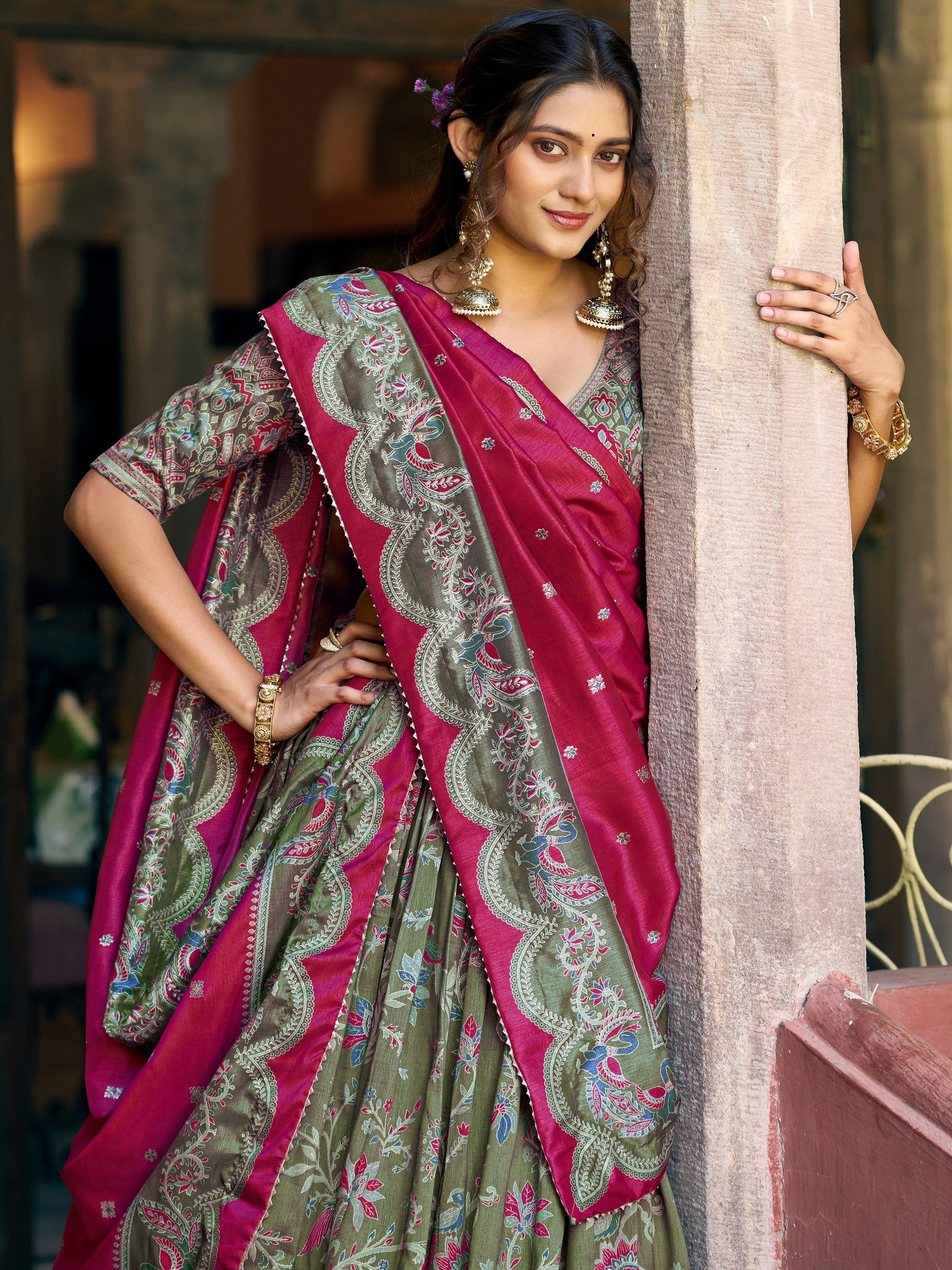 Attractive Olive Green Foil-Printed Silk  Festival Wear Lehenga Choli With Dupatta