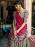 Attractive Olive Green Foil-Printed Silk  Festival Wear Lehenga Choli With Dupatta