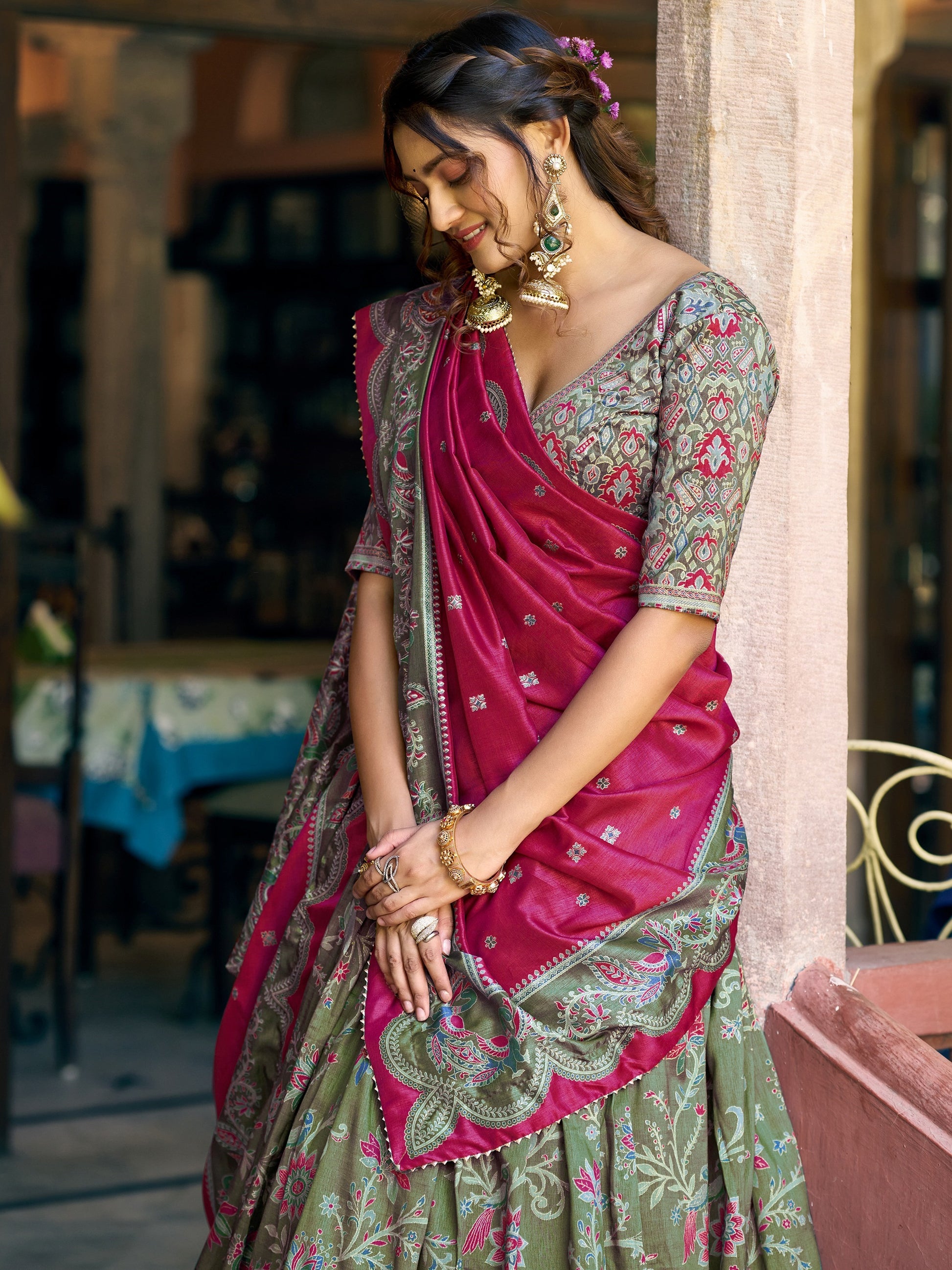 Attractive Olive Green Foil-Printed Silk  Festival Wear Lehenga Choli With Dupatta