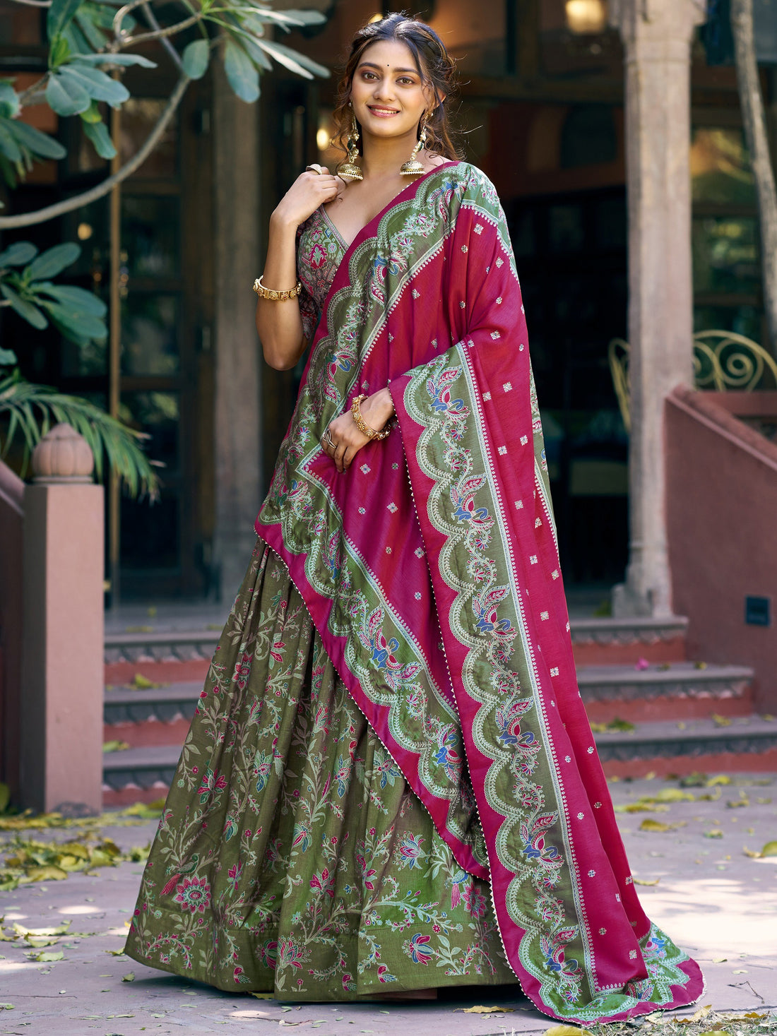 Attractive Olive Green Foil-Printed Silk  Festival Wear Lehenga Choli With Dupatta