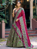 Attractive Olive Green Foil-Printed Silk  Festival Wear Lehenga Choli With Dupatta