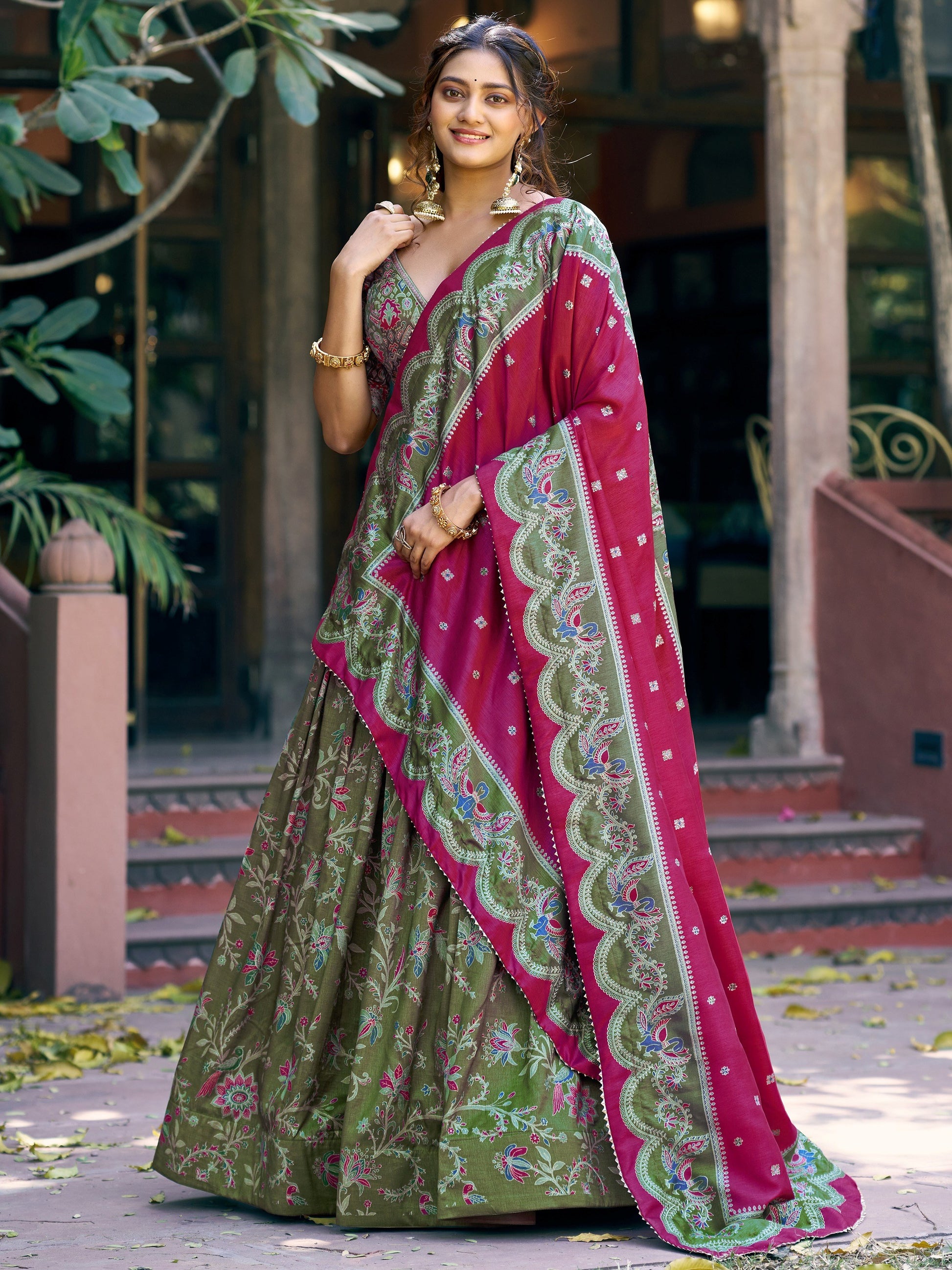 Attractive Olive Green Foil-Printed Silk  Festival Wear Lehenga Choli With Dupatta
