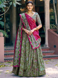 Attractive Olive Green Foil-Printed Silk  Festival Wear Lehenga Choli With Dupatta