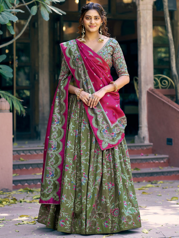 Attractive Olive Green Foil-Printed Silk  Festival Wear Lehenga Choli With Dupatta