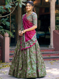 Attractive Olive Green Foil-Printed Silk  Festival Wear Lehenga Choli With Dupatta