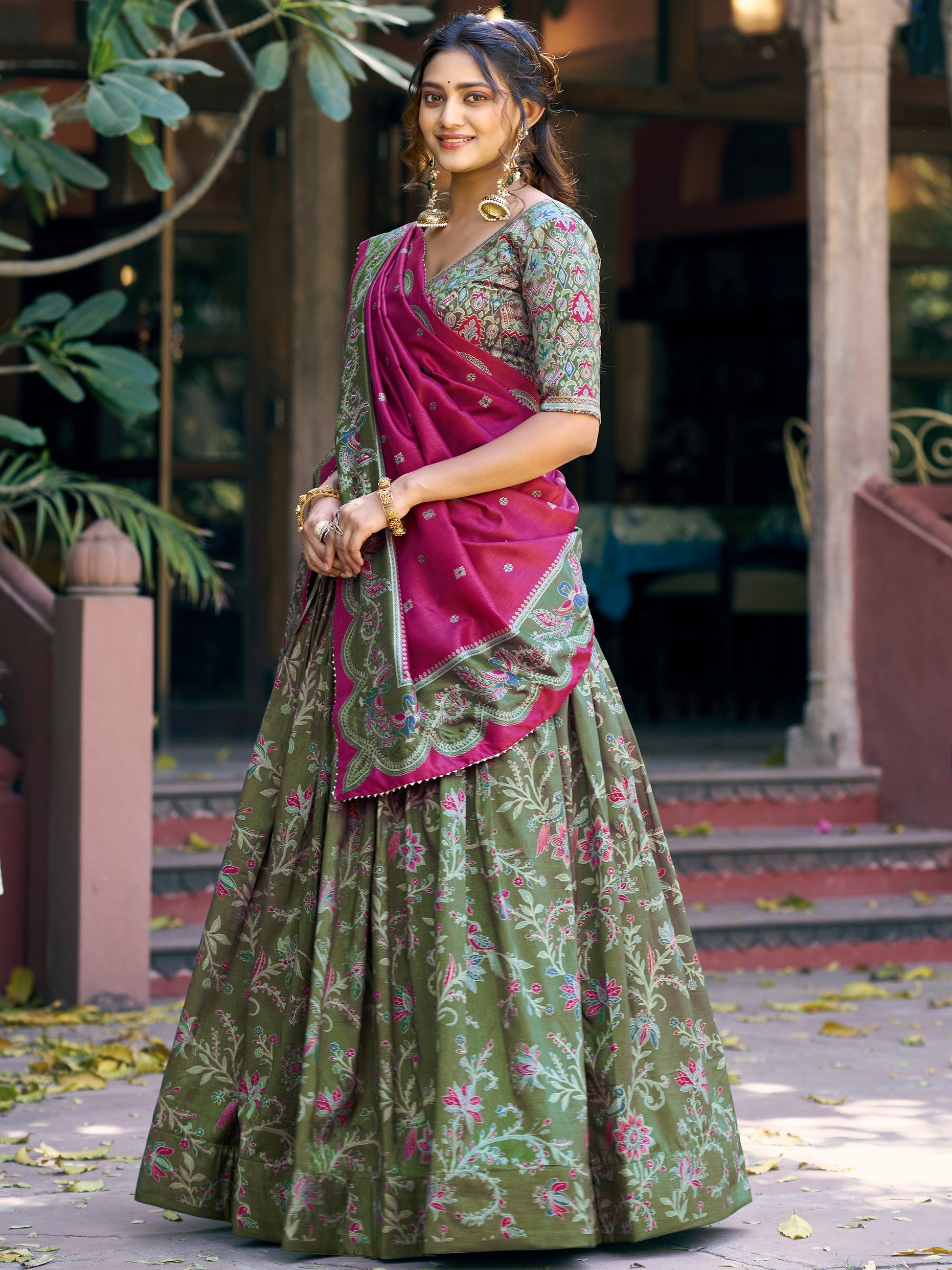 Attractive Olive Green Foil-Printed Silk  Festival Wear Lehenga Choli With Dupatta