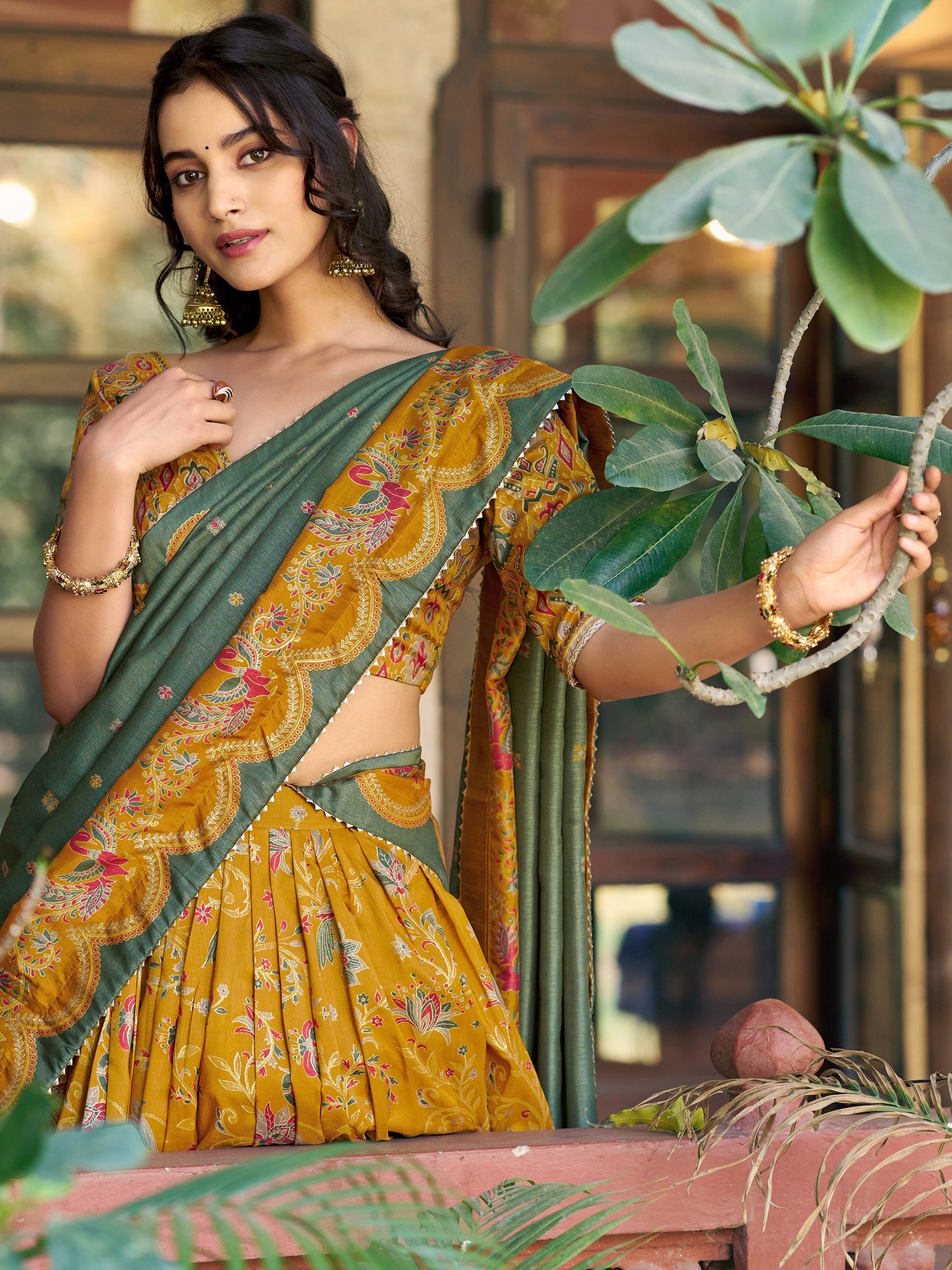 Awesome Mustard Yellow Foil-Printed Silk Traditional Wear Lehenga Choli With Dupatta