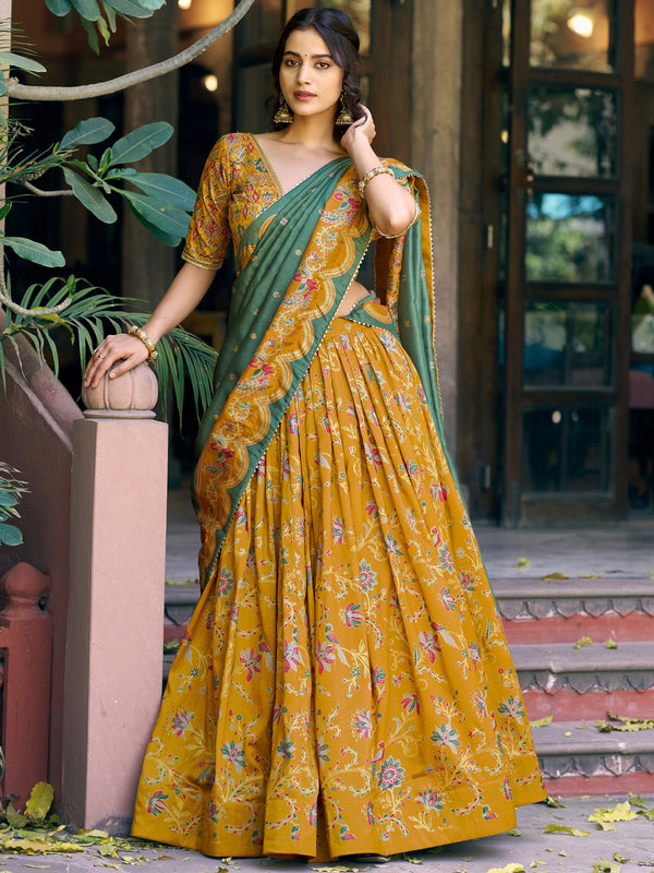 Awesome Mustard Yellow Foil-Printed Silk Traditional Wear Lehenga Choli With Dupatta
