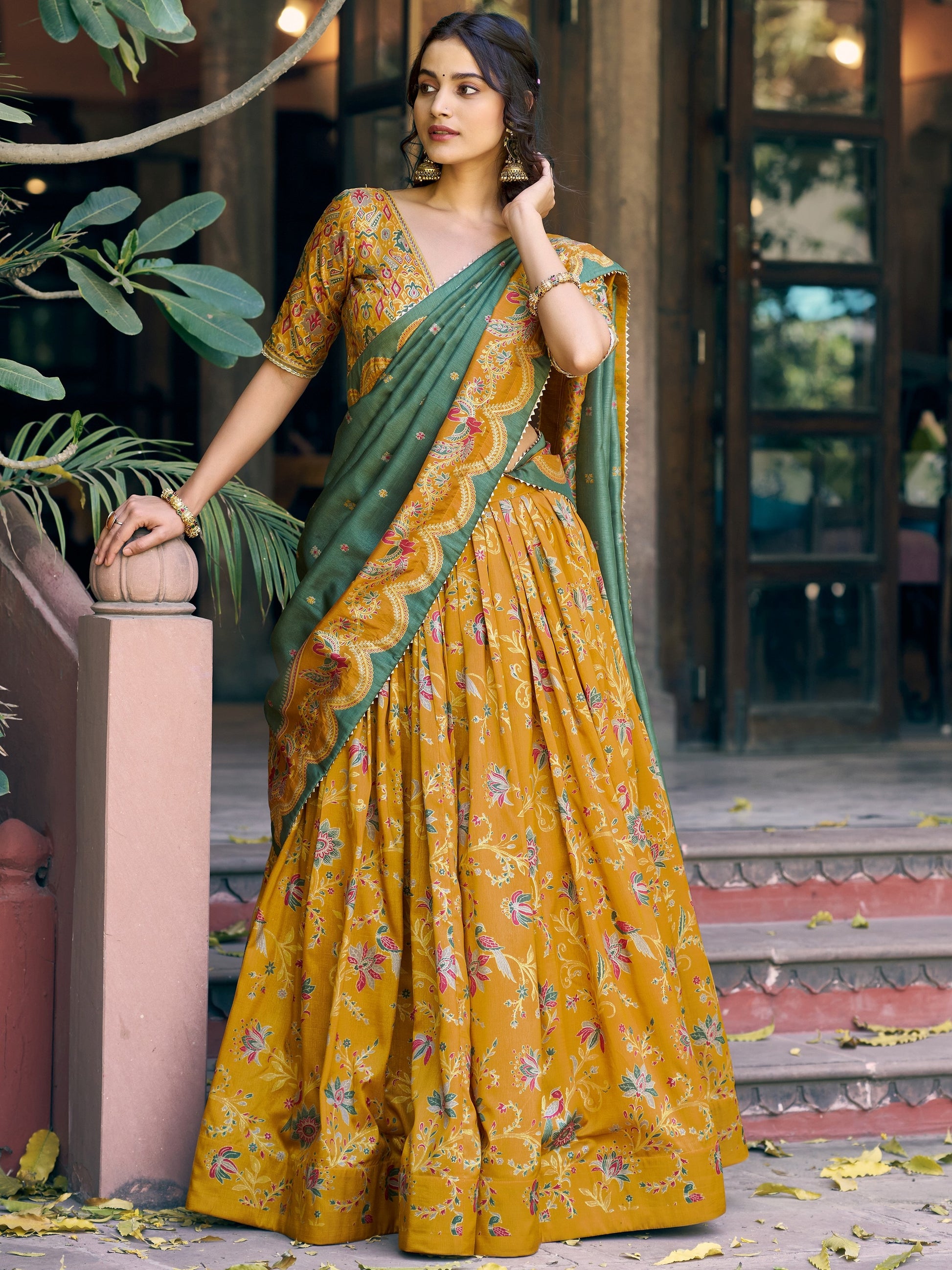 Awesome Mustard Yellow Foil-Printed Silk Traditional Wear Lehenga Choli With Dupatta
