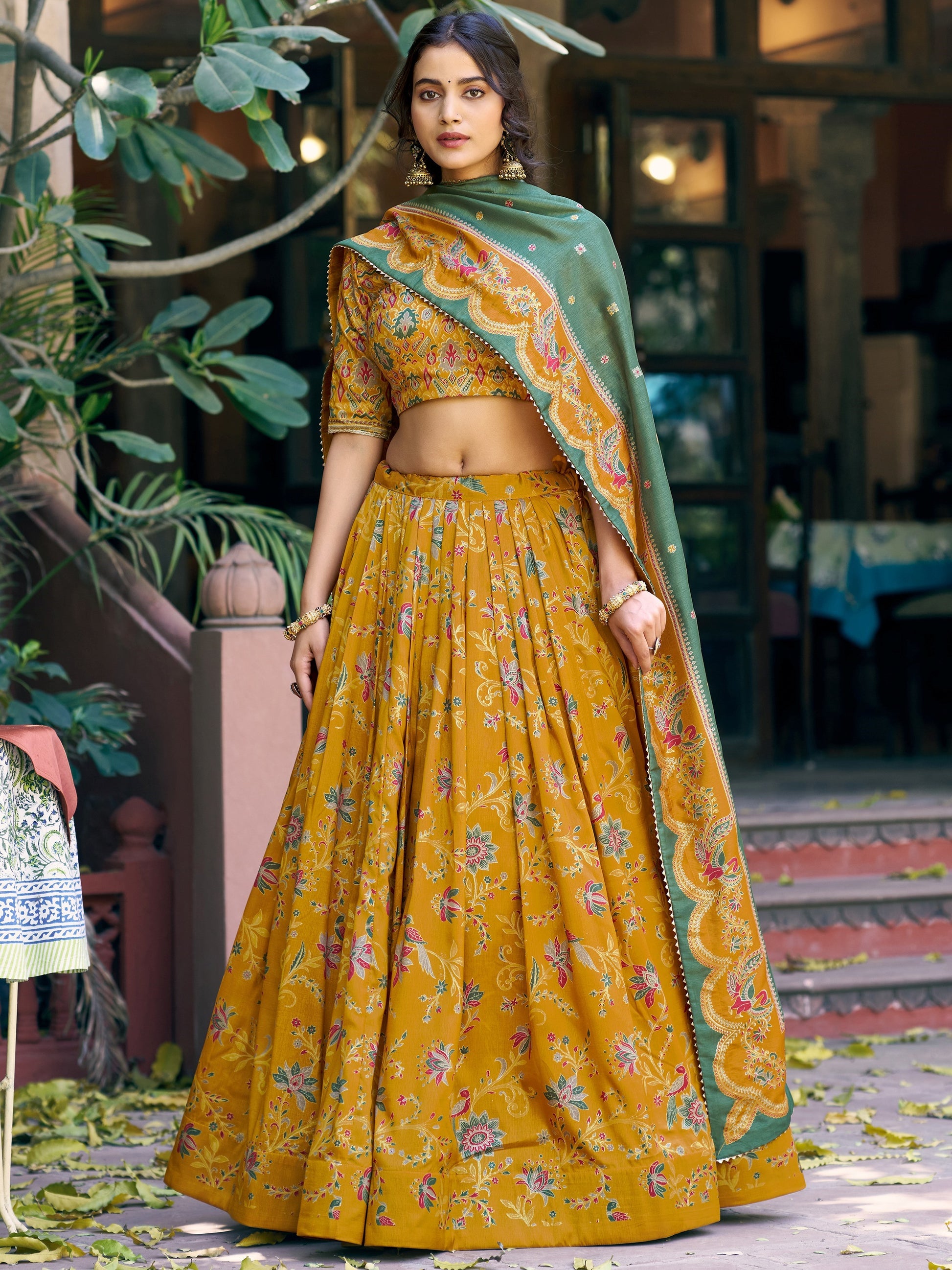 Awesome Mustard Yellow Foil-Printed Silk Traditional Wear Lehenga Choli With Dupatta