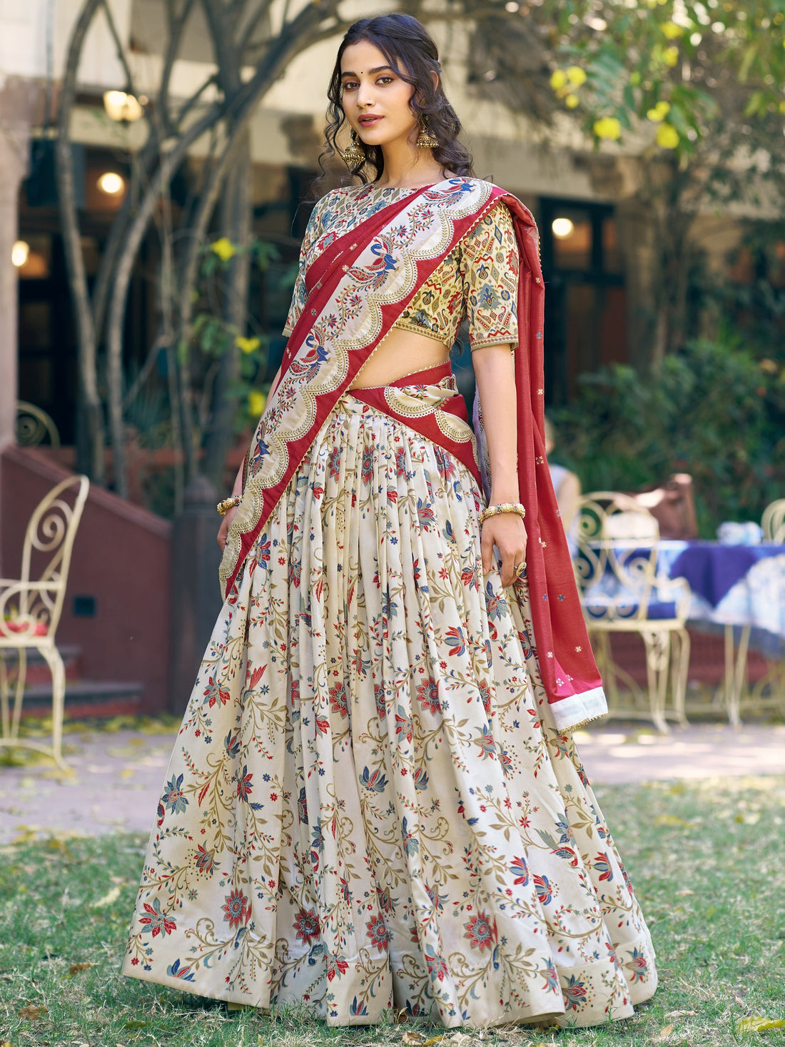 Wonderful Off -White Printed Silk Function Wear Lehenga Choli With Dupatta