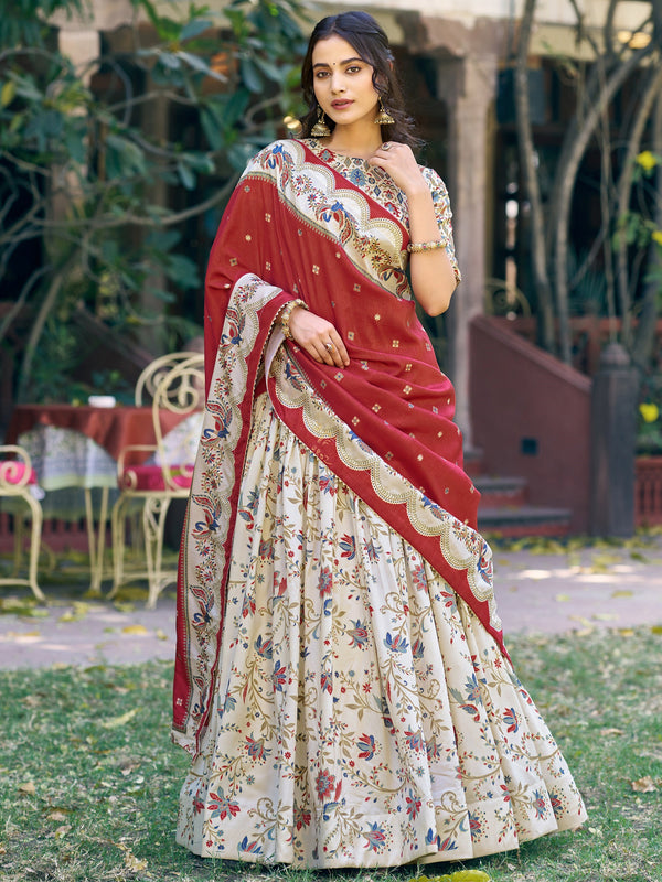 Wonderful Off -White Printed Silk Function Wear Lehenga Choli With Dupatta