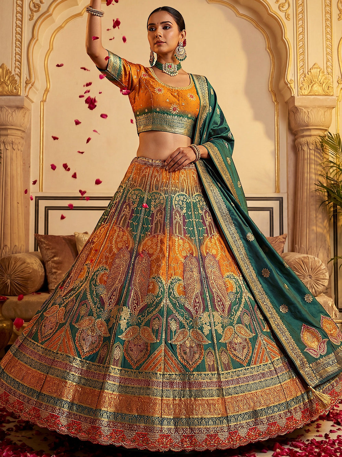 Glamours Green And Yellow Zari Weaving Banarasi Silk Traditional Lehenga Choli