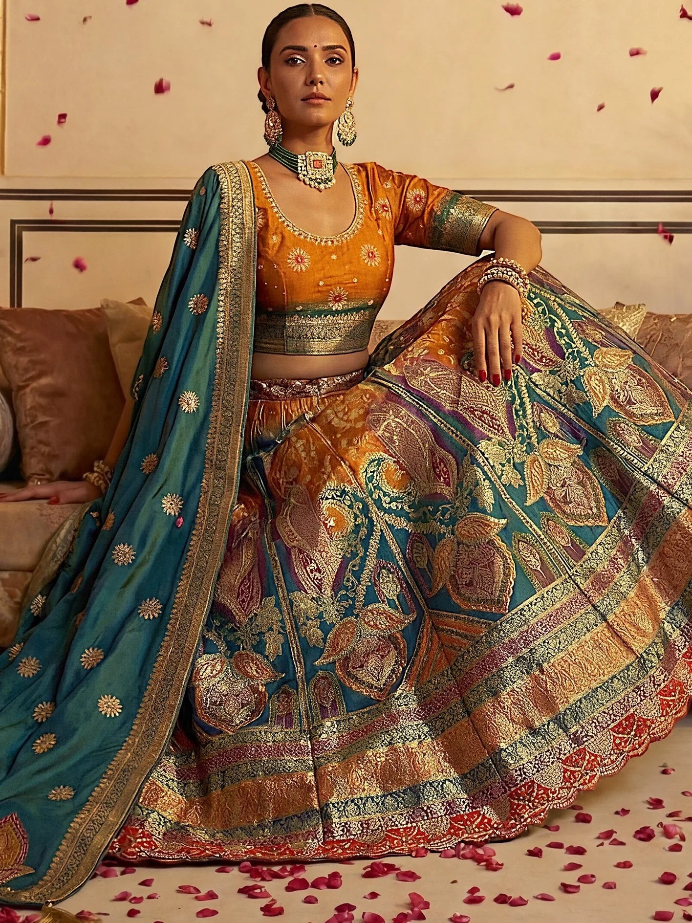 Glamours Green And Yellow Zari Weaving Banarasi Silk Traditional Lehenga Choli
