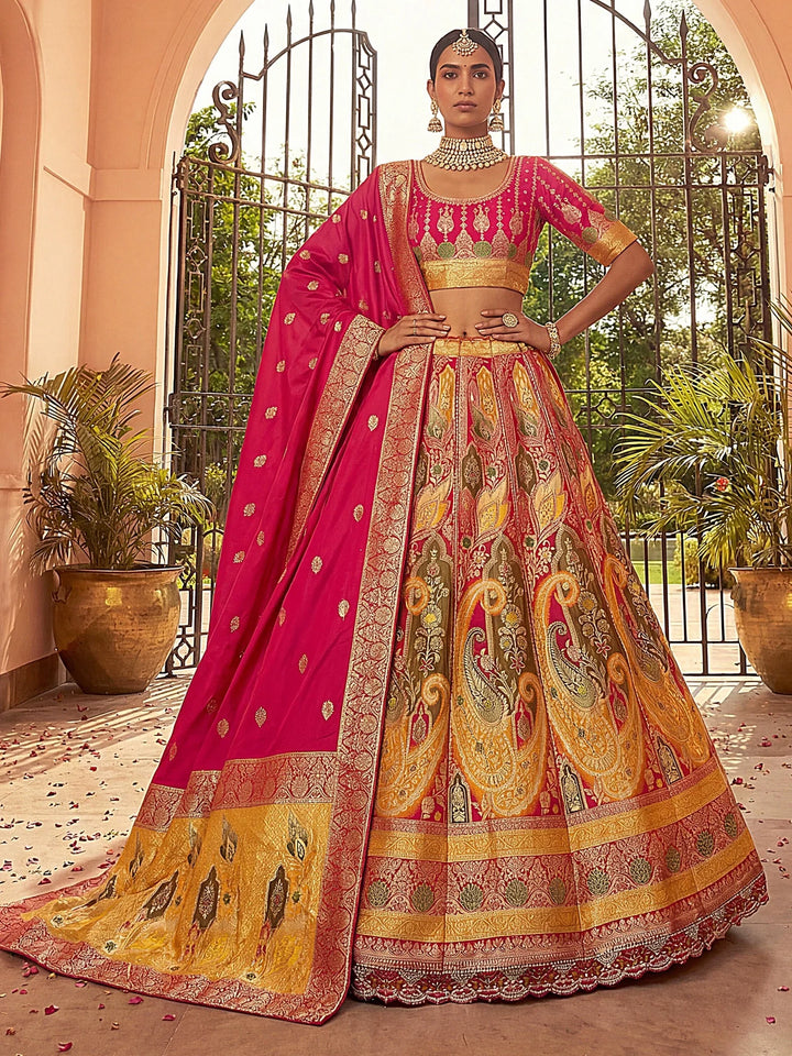 Royal Mustard Yellow Zari Weaving Banarasi Silk Wedding Wear Lehenga Choli With Dupatta