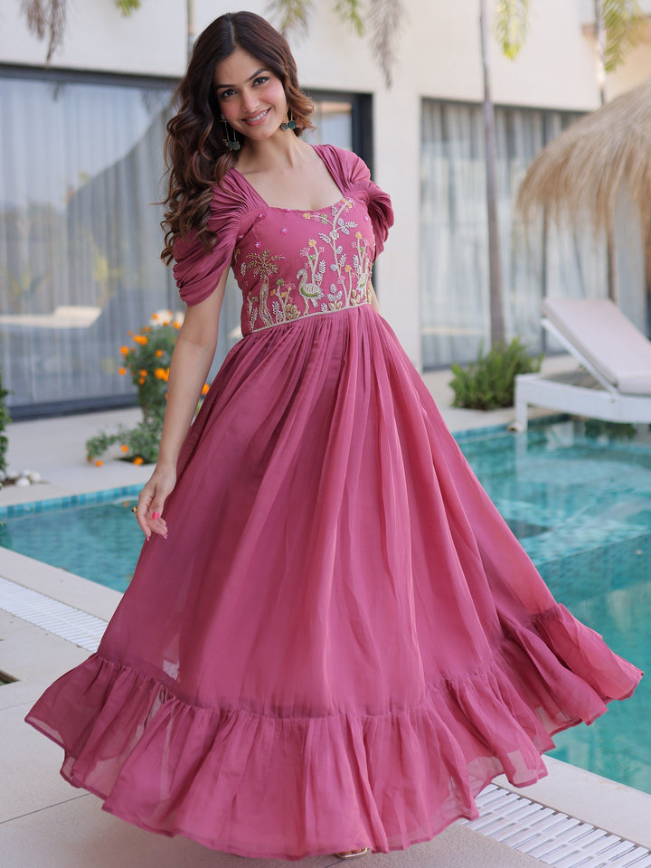 Outstanding Dusty Pink Floral Embroidery Chanderi Party Wear Dress