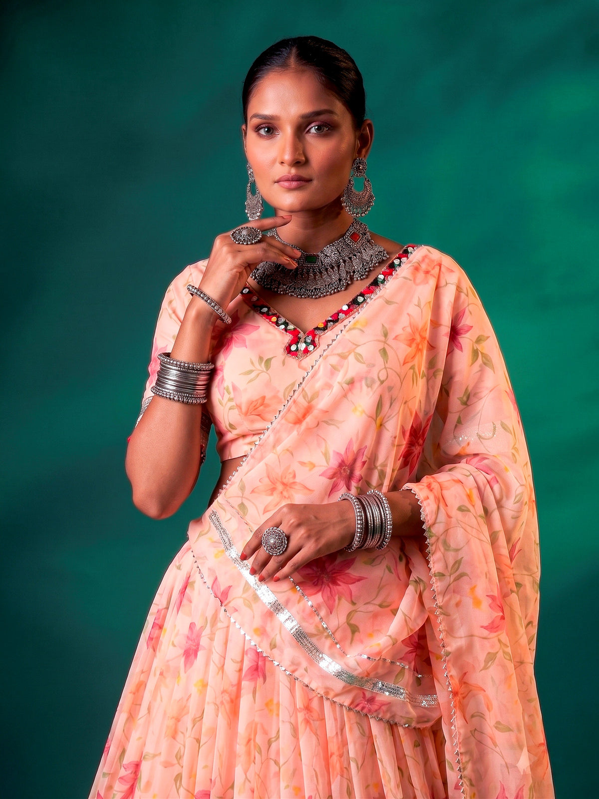 Elegant Peach Floral Printed Silk Event Wear Lehenga Choli