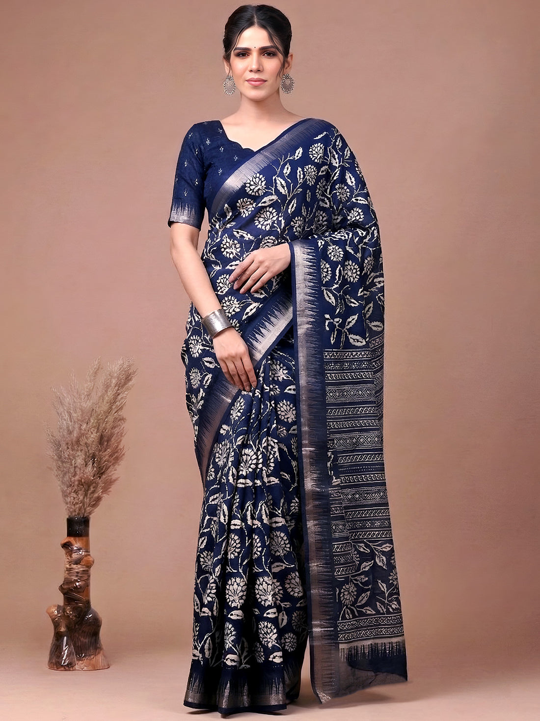 Precious  Navy Blue Floral Printed Silk Casual Wear Saree With Blouse