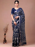Precious  Navy Blue Floral Printed Silk Casual Wear Saree With Blouse