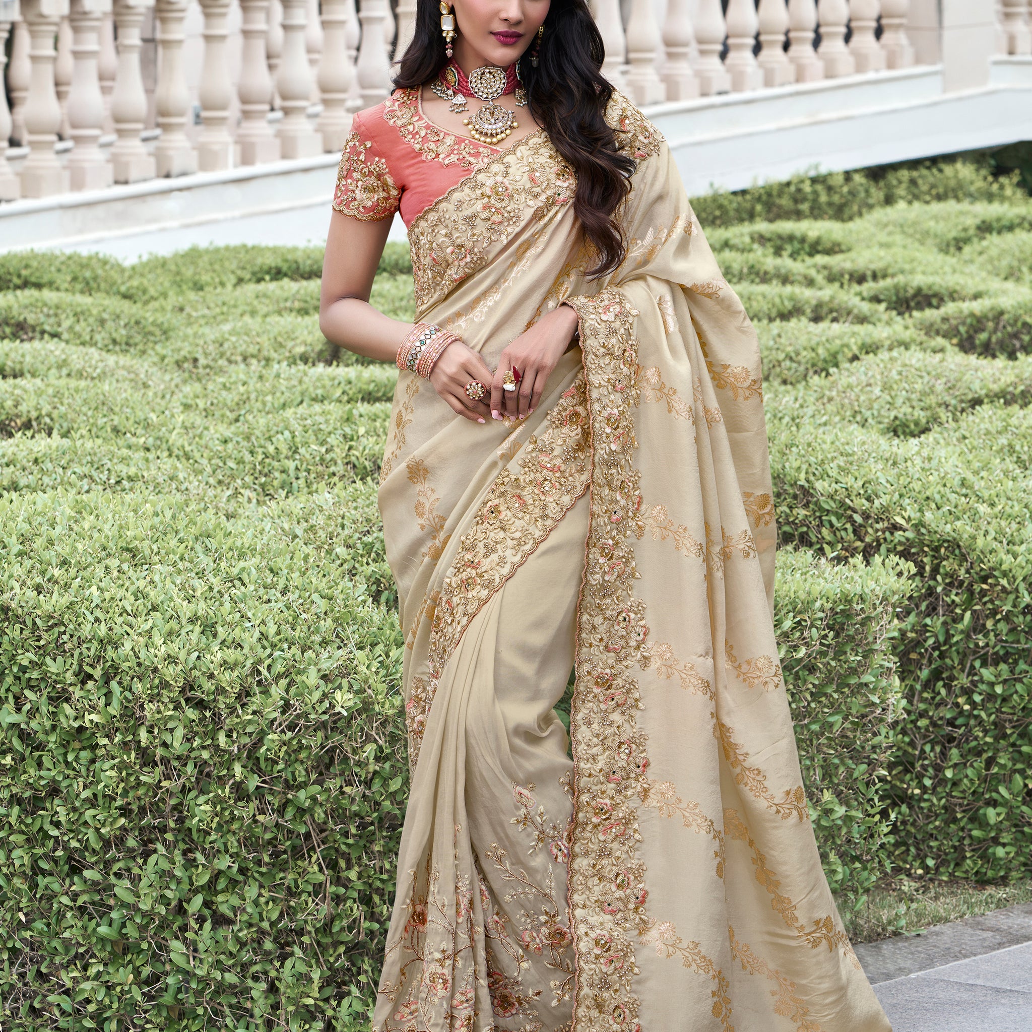 Beautiful Beige Zari Weaving Organza Silk Traditional Saree With Blouse