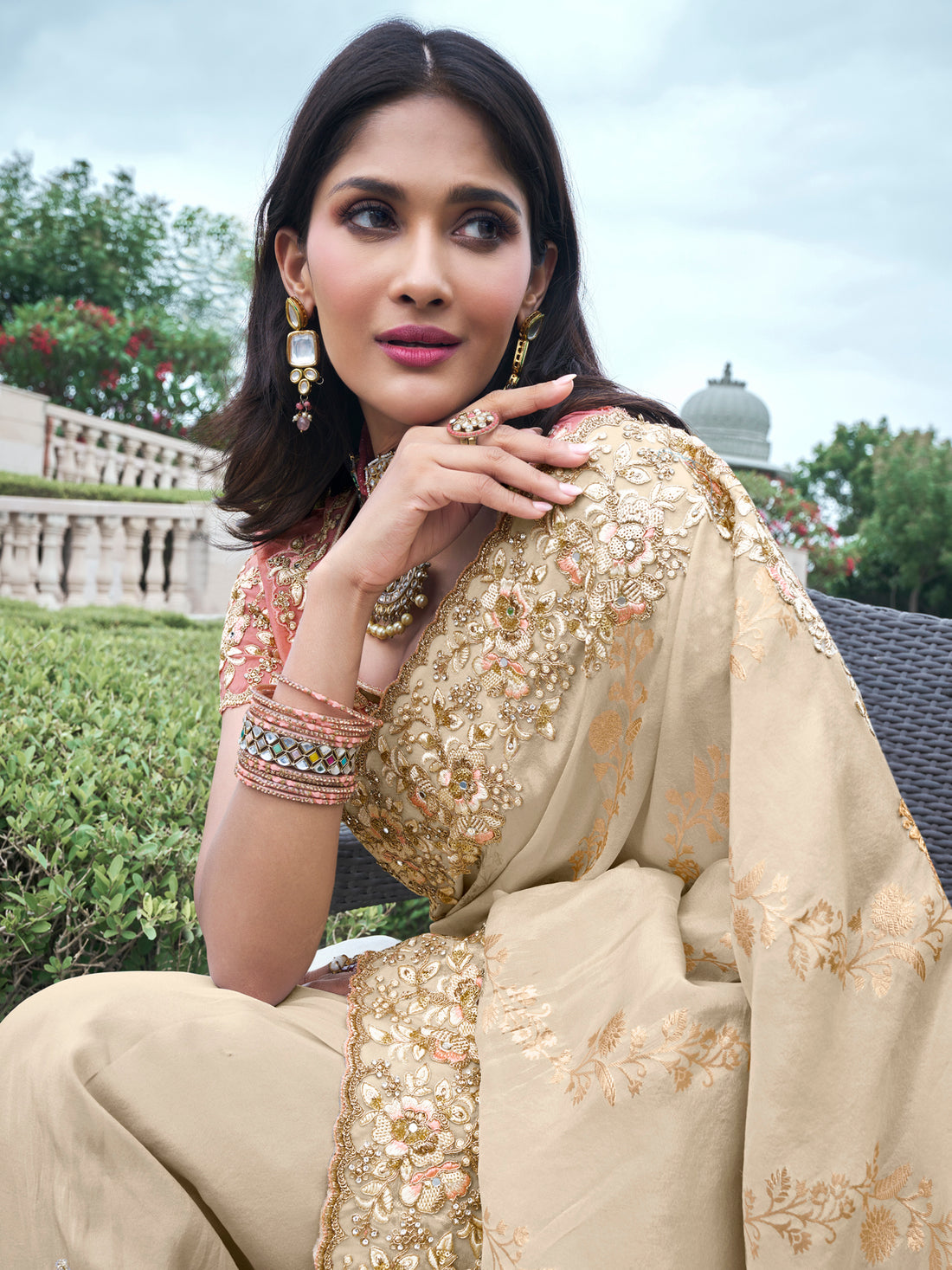 Beautiful Beige Zari Weaving Organza Silk Traditional Saree With Blouse