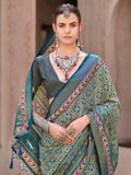 Attractive Teal Blue Printed Silk Function Wear Saree With Blouse