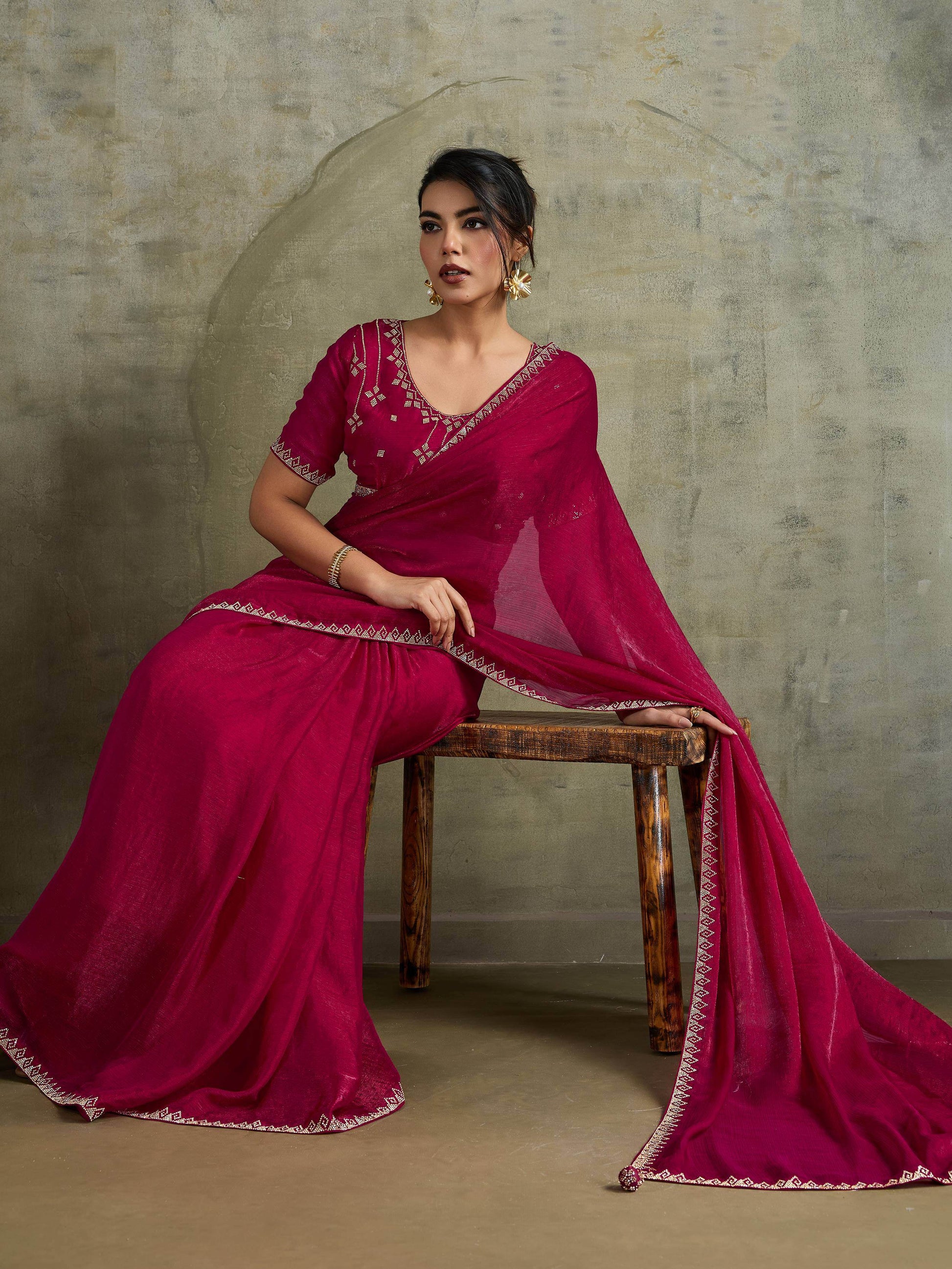 Astounding Rani Pink Jarkan Work Chiffon Wedding Wear Saree With Blouse