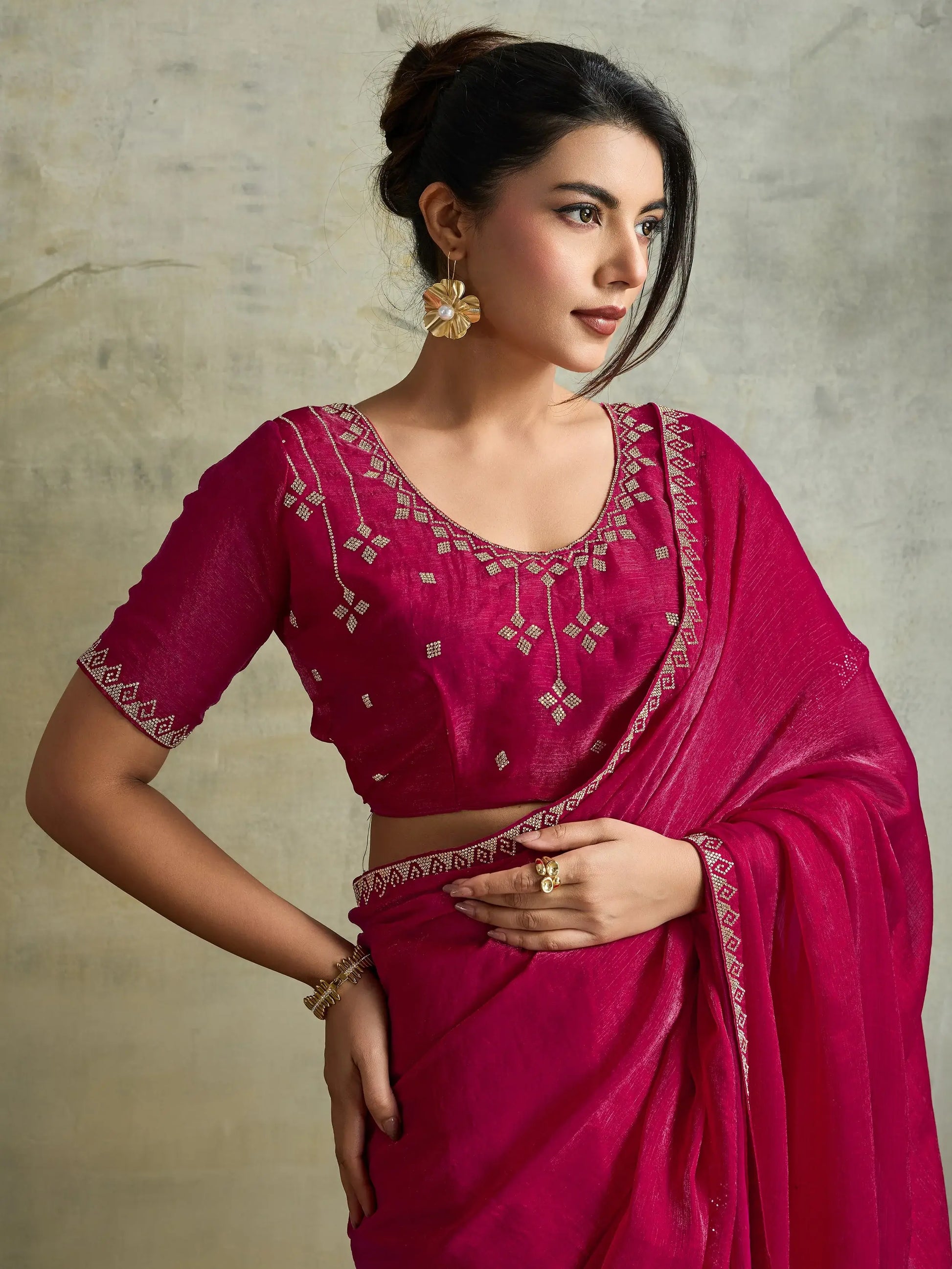 Astounding Rani Pink Jarkan Work Chiffon Wedding Wear Saree With Blouse