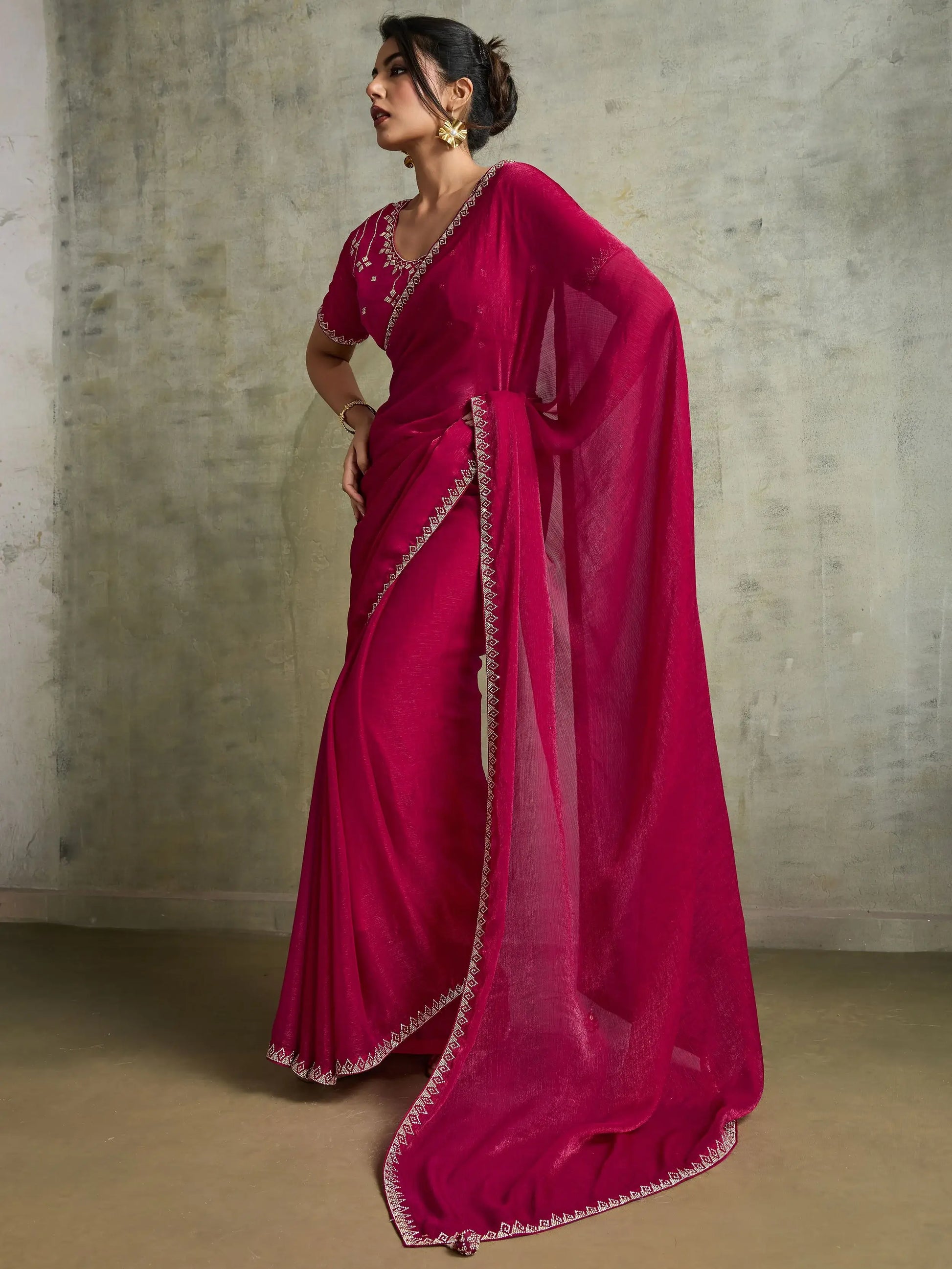 Astounding Rani Pink Jarkan Work Chiffon Wedding Wear Saree With Blouse