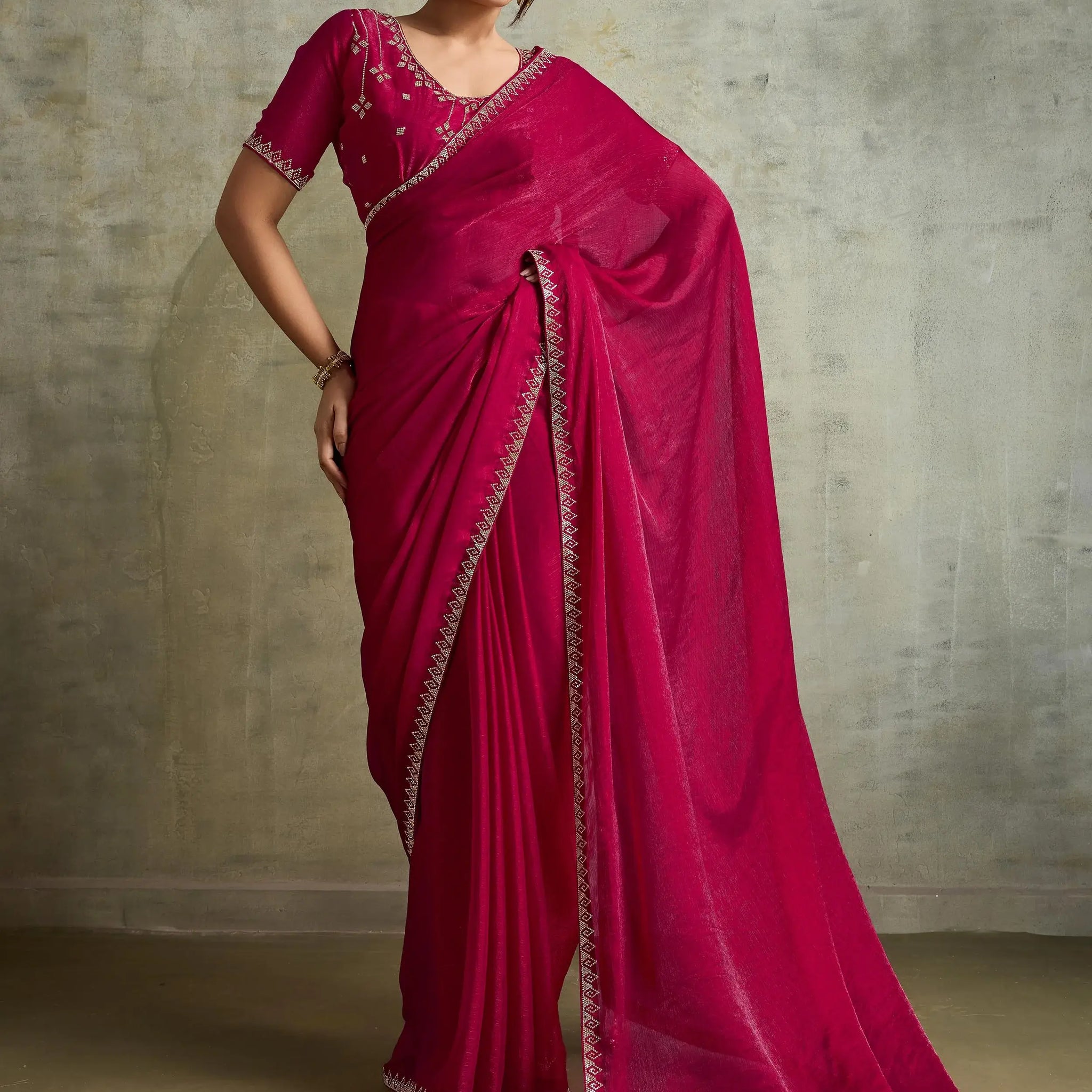 Astounding Rani Pink Jarkan Work Chiffon Wedding Wear Saree With Blouse