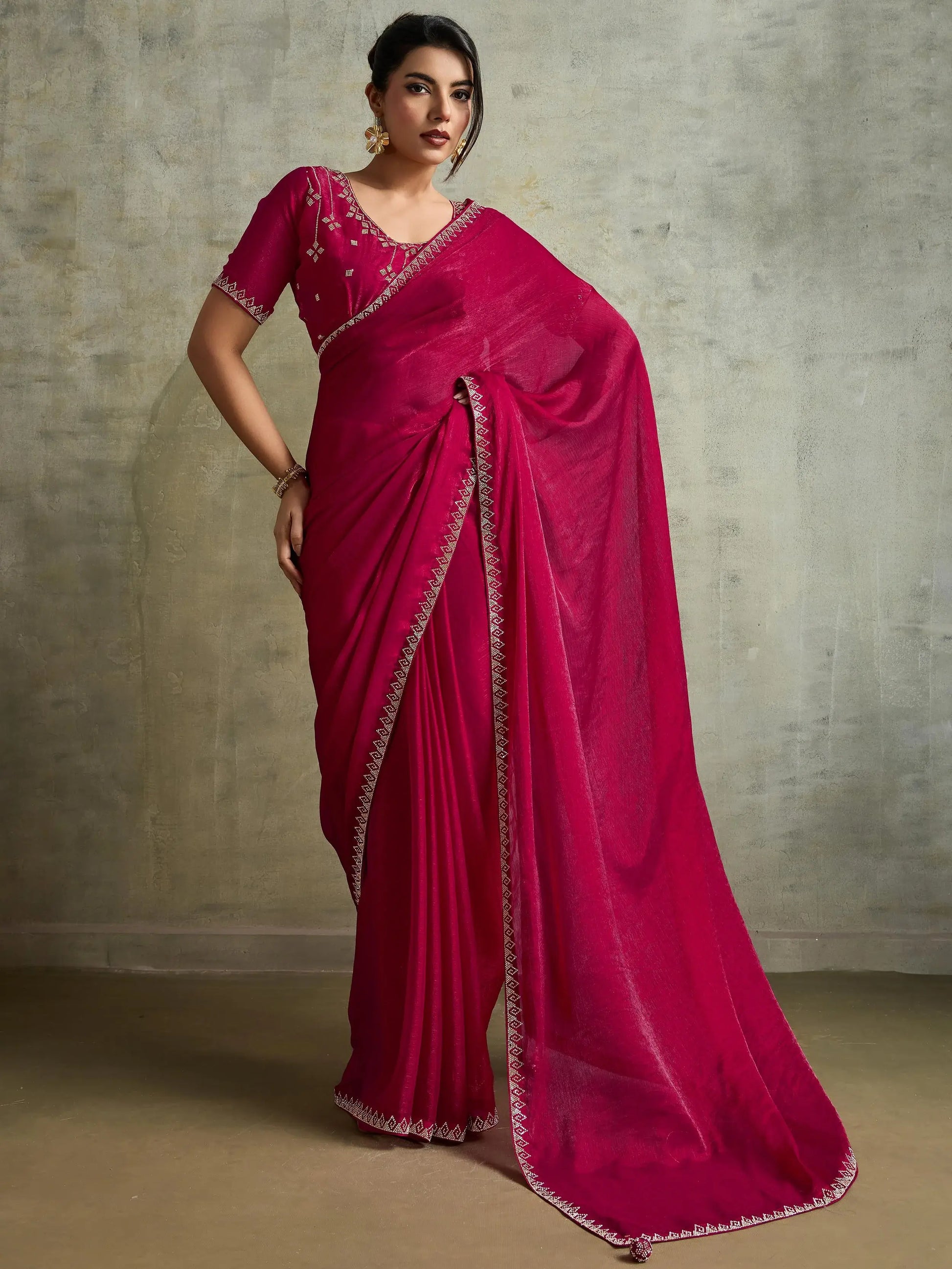 Astounding Rani Pink Jarkan Work Chiffon Wedding Wear Saree With Blouse