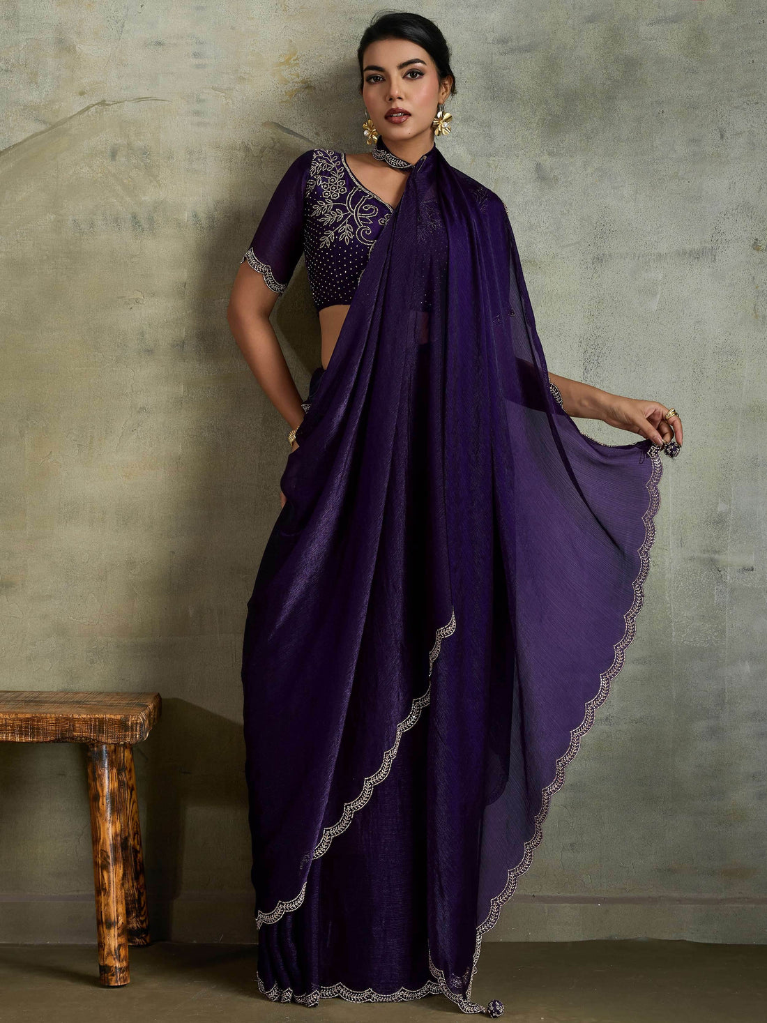Striking Purple Chiffon Party Wear Saree With Jarkan Work Blouse