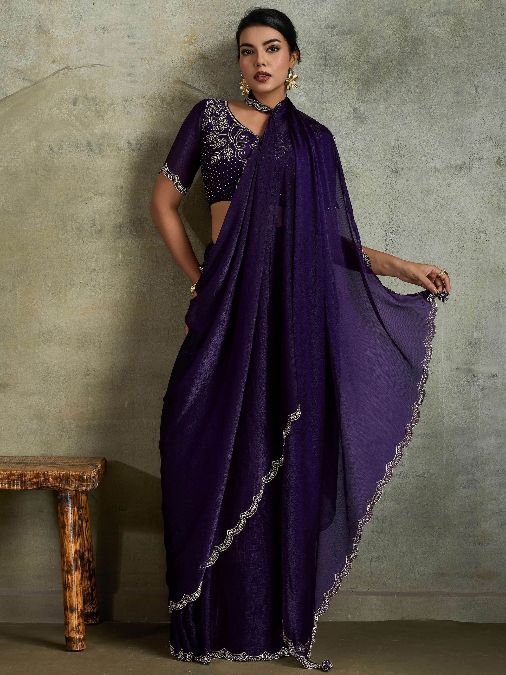Striking Purple Chiffon Party Wear Saree With Jarkan Work Blouse