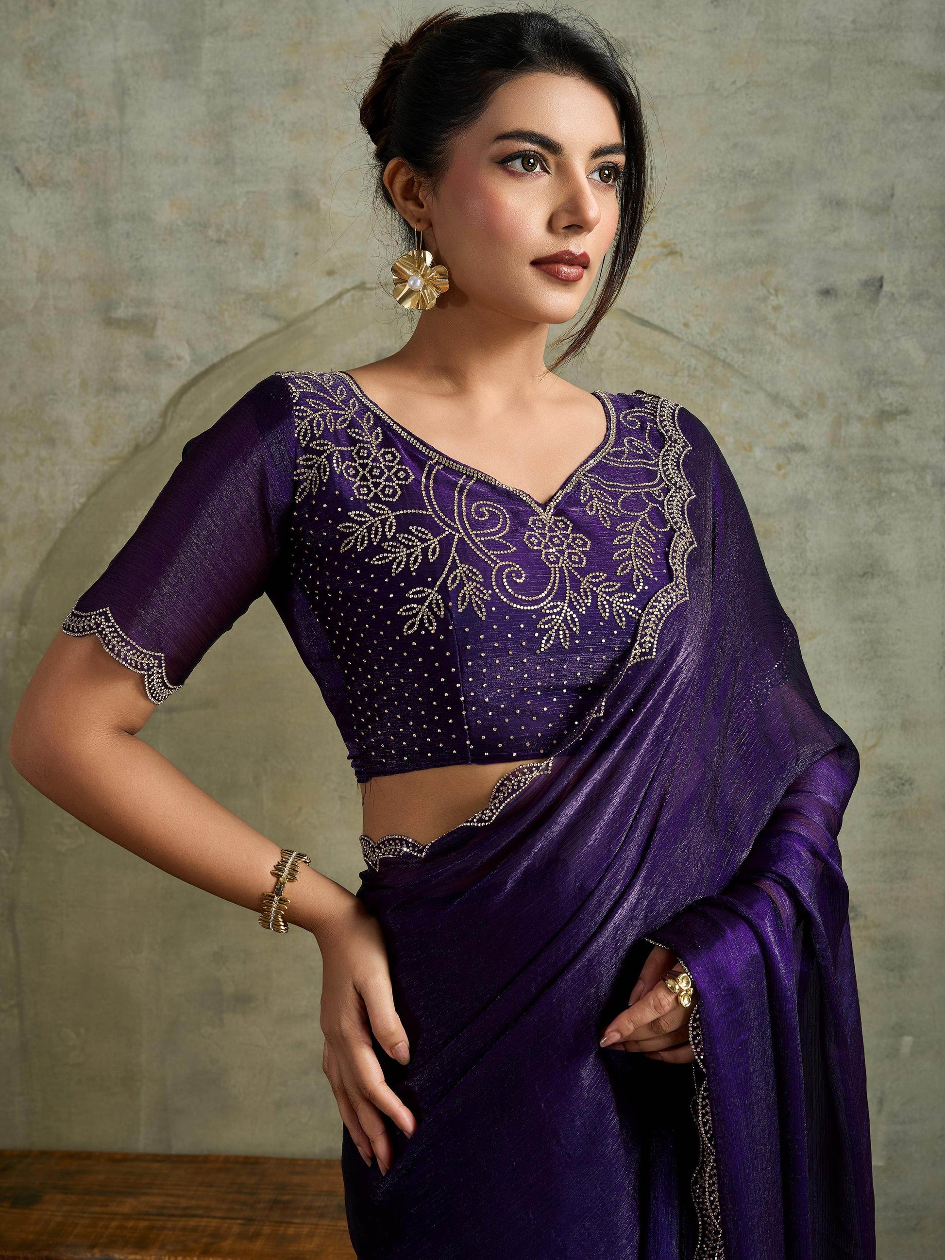 Striking Purple Chiffon Party Wear Saree With Jarkan Work Blouse