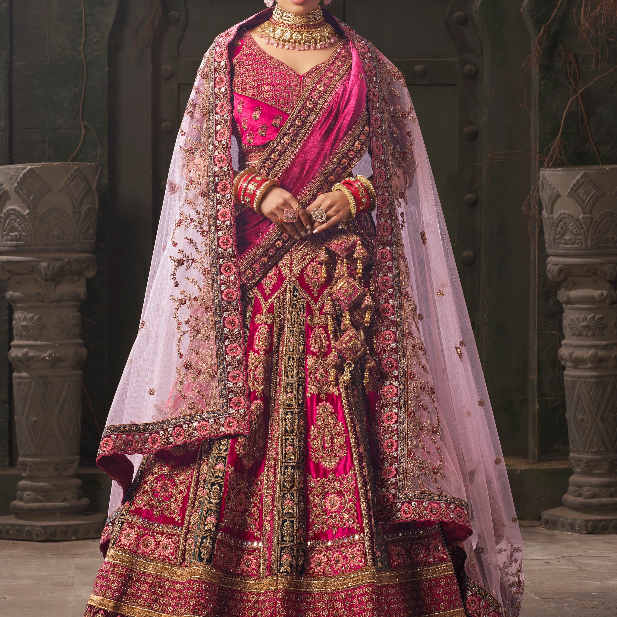 Pretty Pink Embroidered Velvet Bridal Lehenga Choli With Double Dupatta