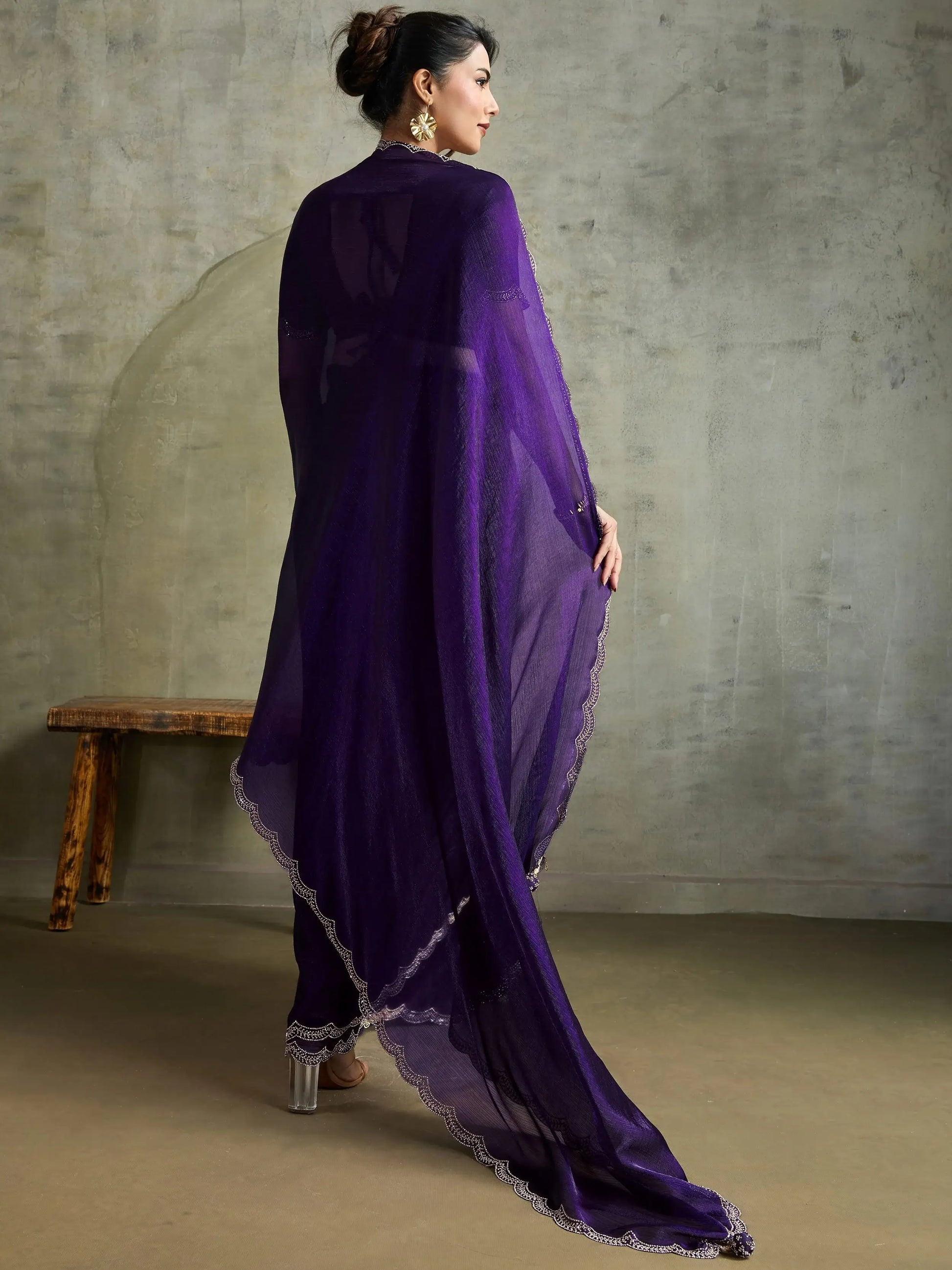Striking Purple Chiffon Party Wear Saree With Jarkan Work Blouse