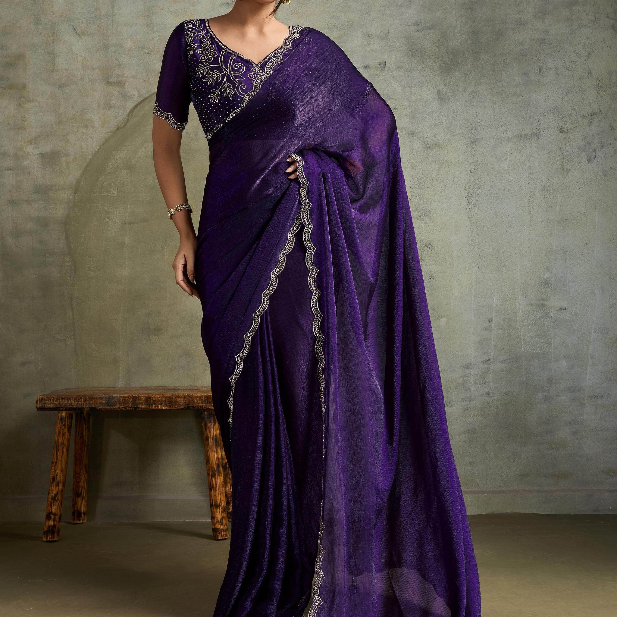 Striking Purple Chiffon Party Wear Saree With Jarkan Work Blouse