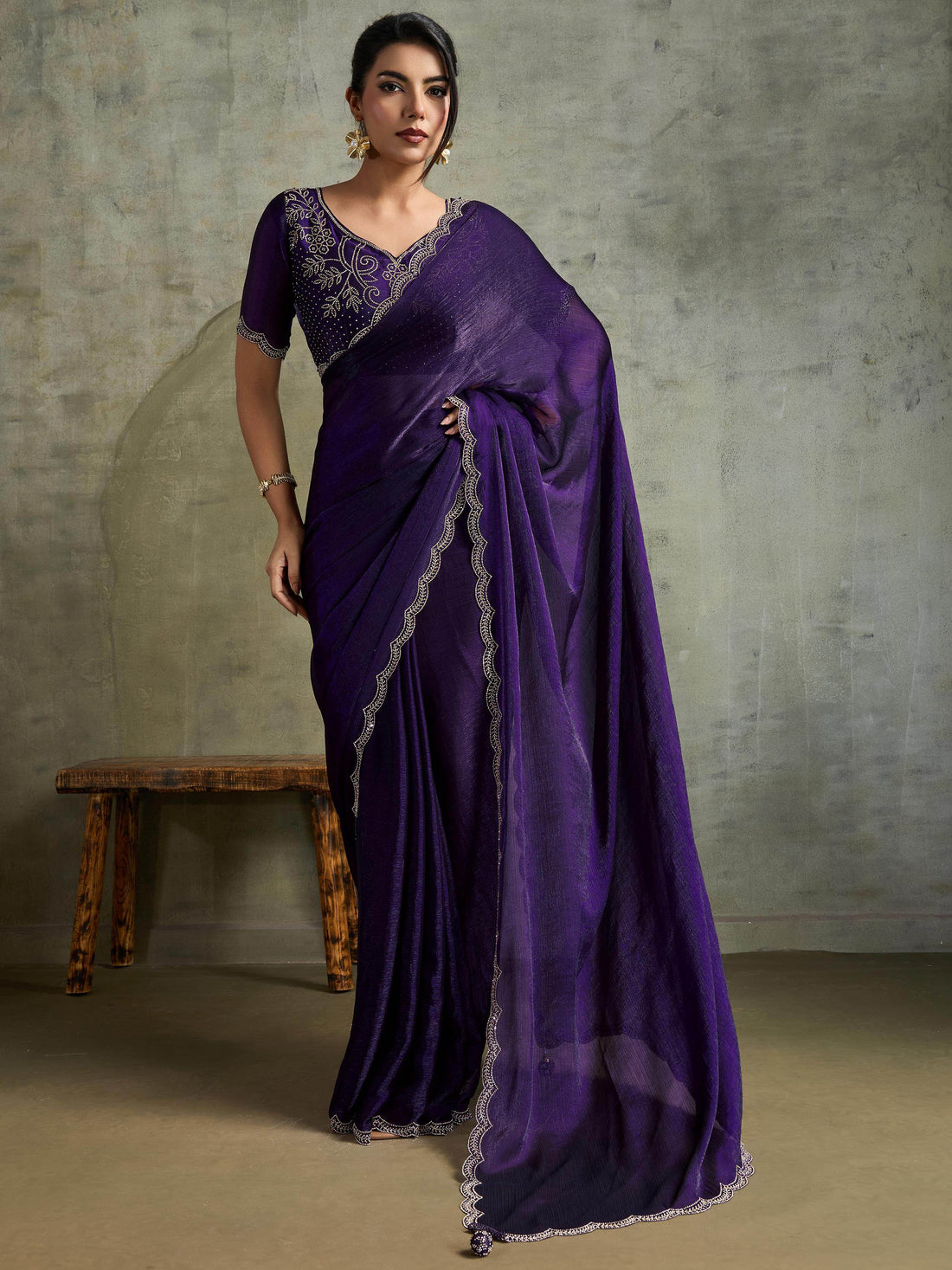 Striking Purple Chiffon Party Wear Saree With Jarkan Work Blouse