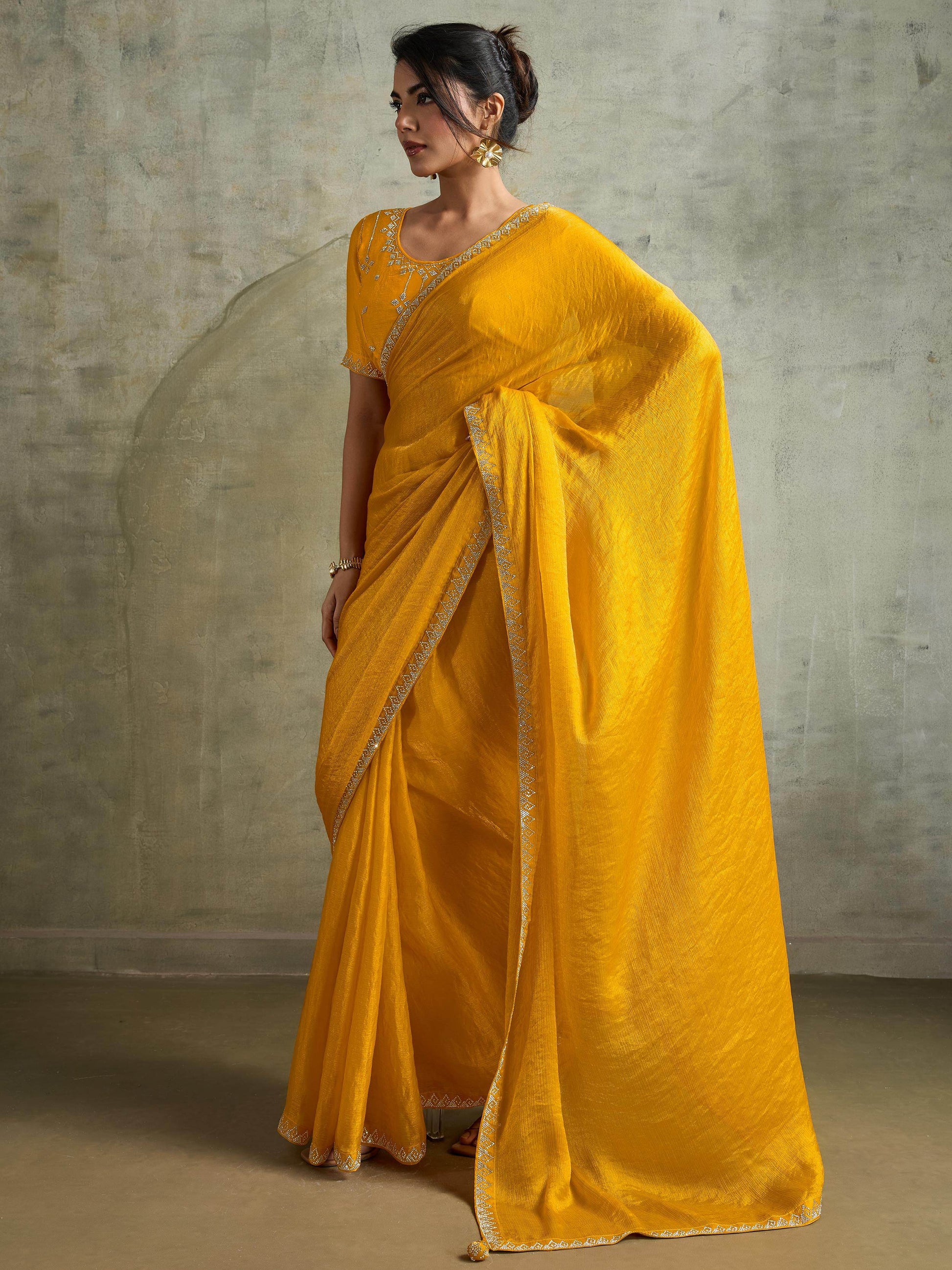 Stunning Yellow Chiffon Haldi Wear Saree With Jarkan Work Blouse