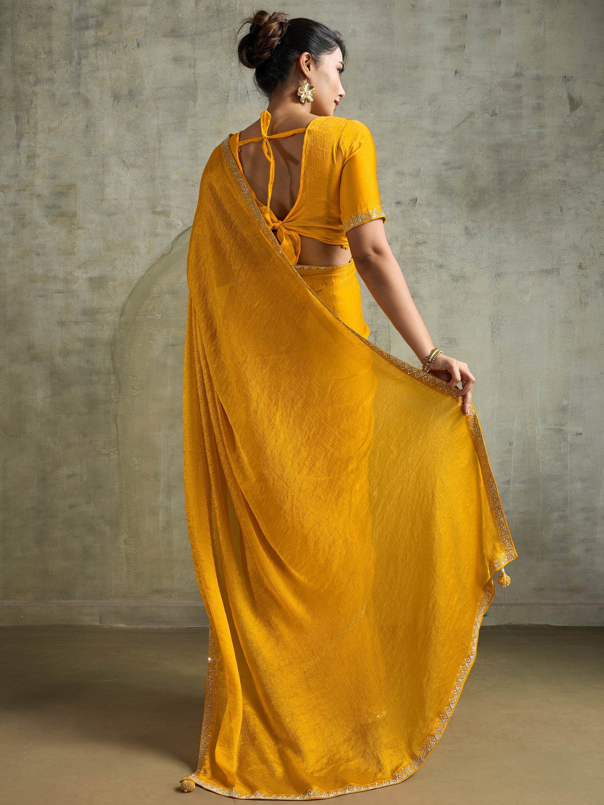 Stunning Yellow Chiffon Haldi Wear Saree With Jarkan Work Blouse
