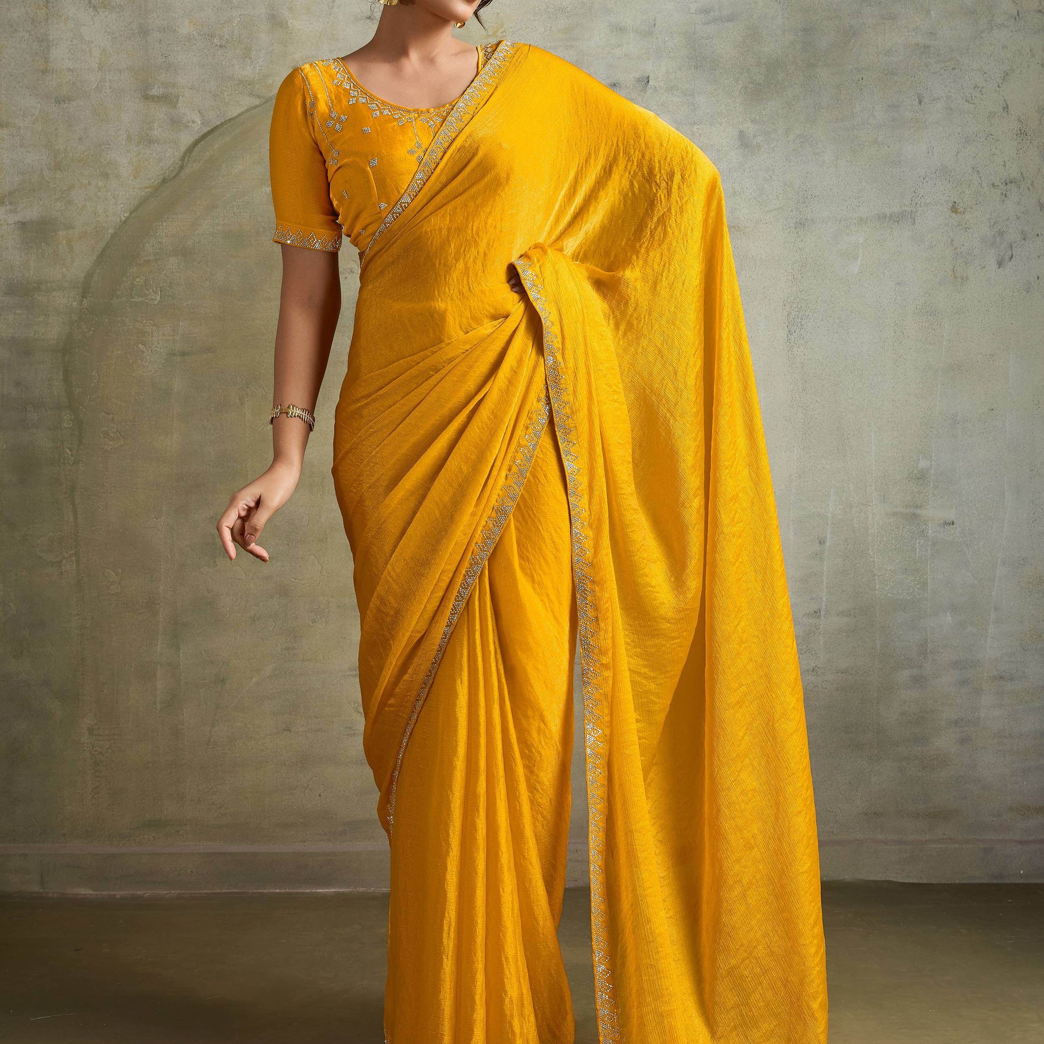 Stunning Yellow Chiffon Haldi Wear Saree With Jarkan Work Blouse