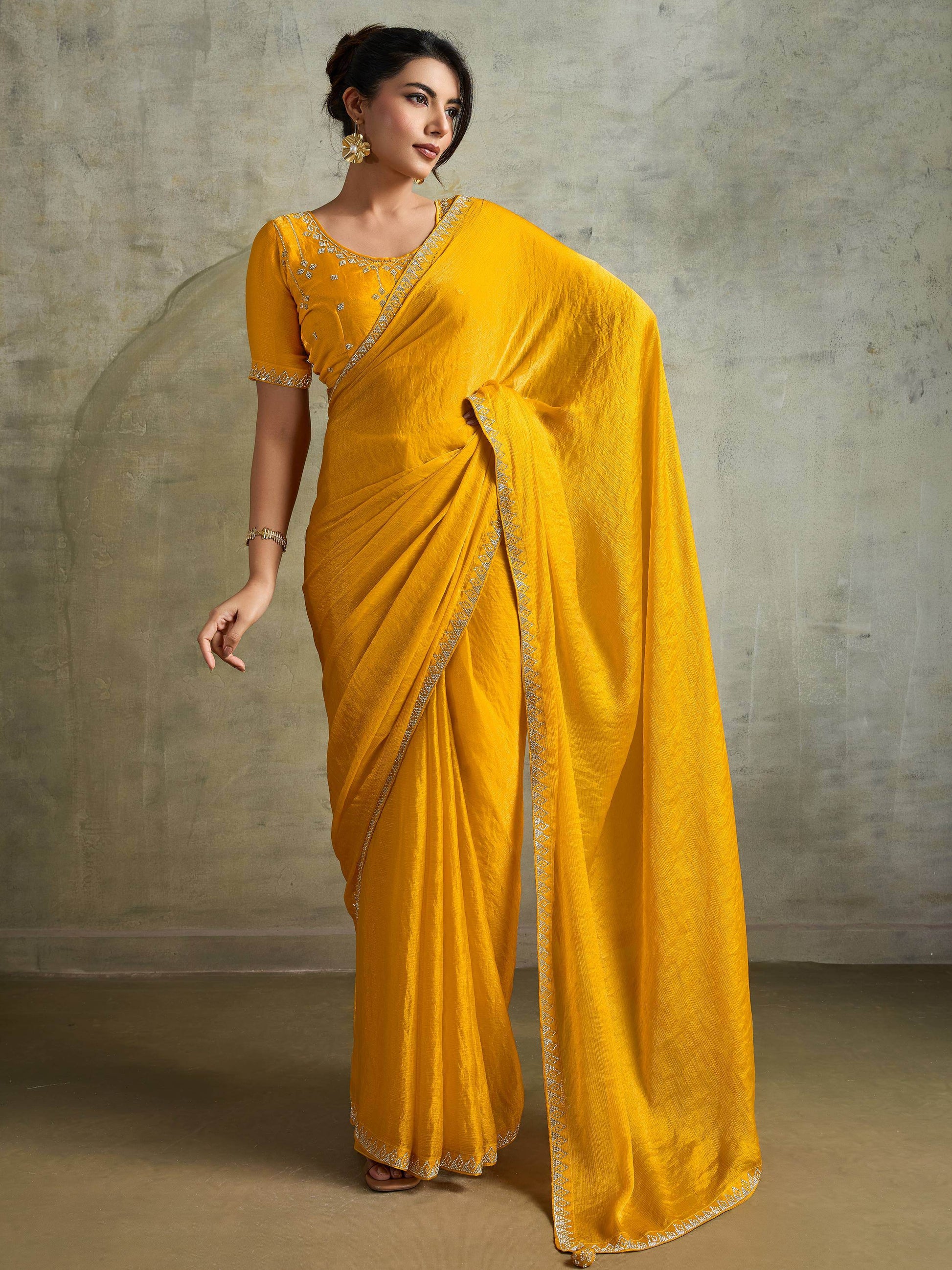 Stunning Yellow Chiffon Haldi Wear Saree With Jarkan Work Blouse