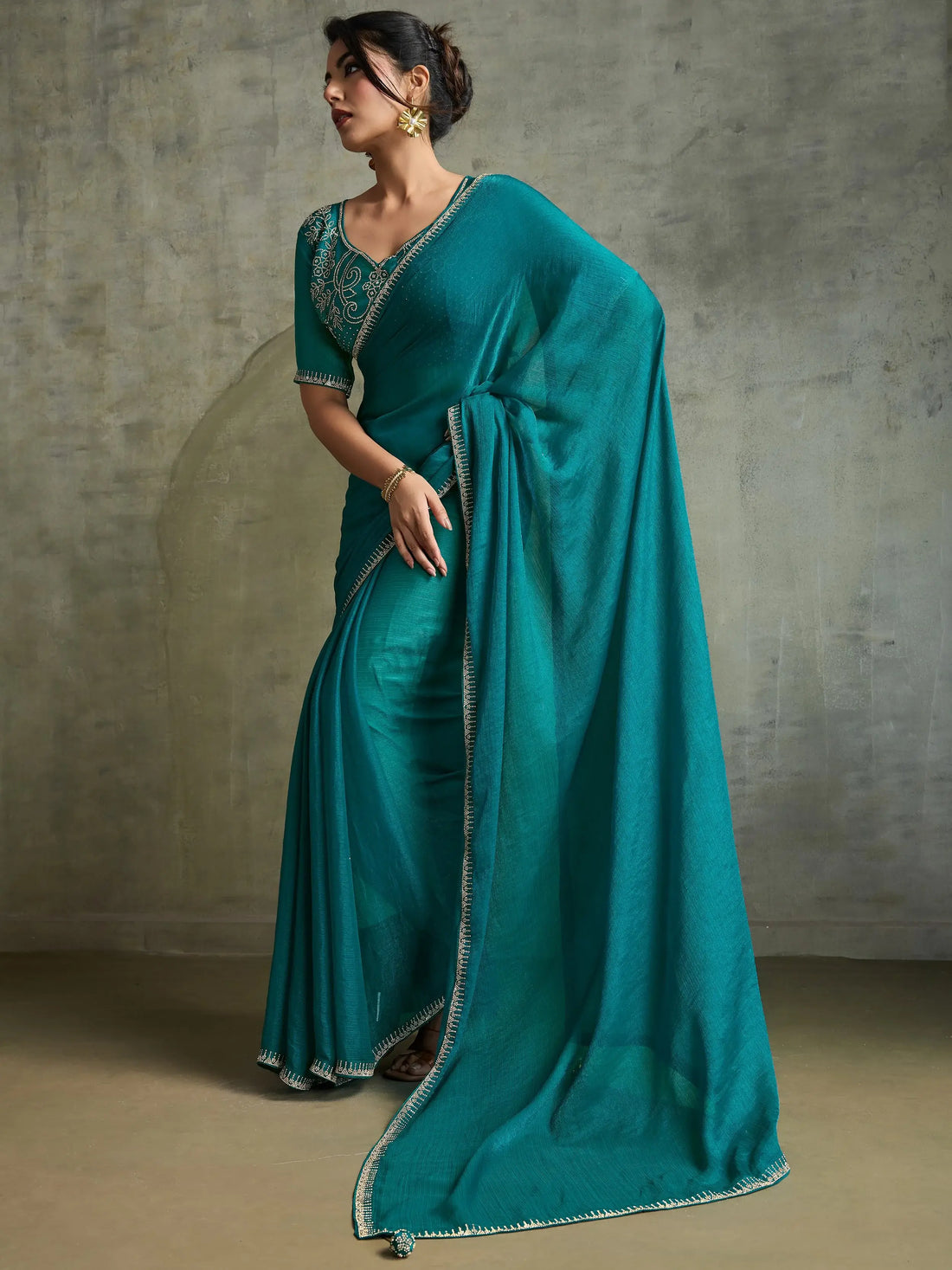 Astonishing Teal Green Chiffon Evening Wear Saree With Jarkan Work Blouse