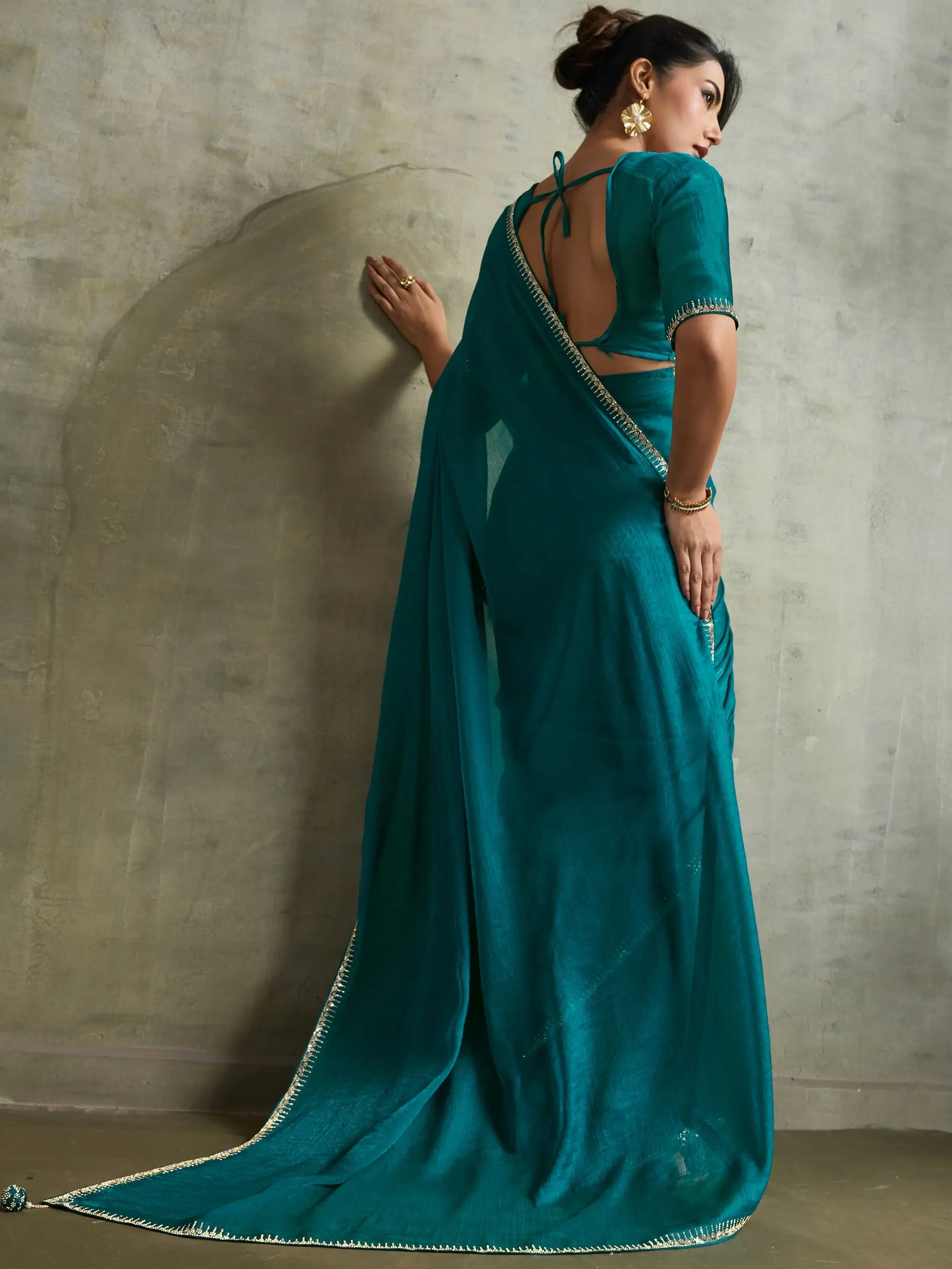 Astonishing Teal Green Chiffon Evening Wear Saree With Jarkan Work Blouse