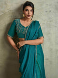 Astonishing Teal Green Chiffon Evening Wear Saree With Jarkan Work Blouse