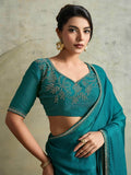 Astonishing Teal Green Chiffon Evening Wear Saree With Jarkan Work Blouse